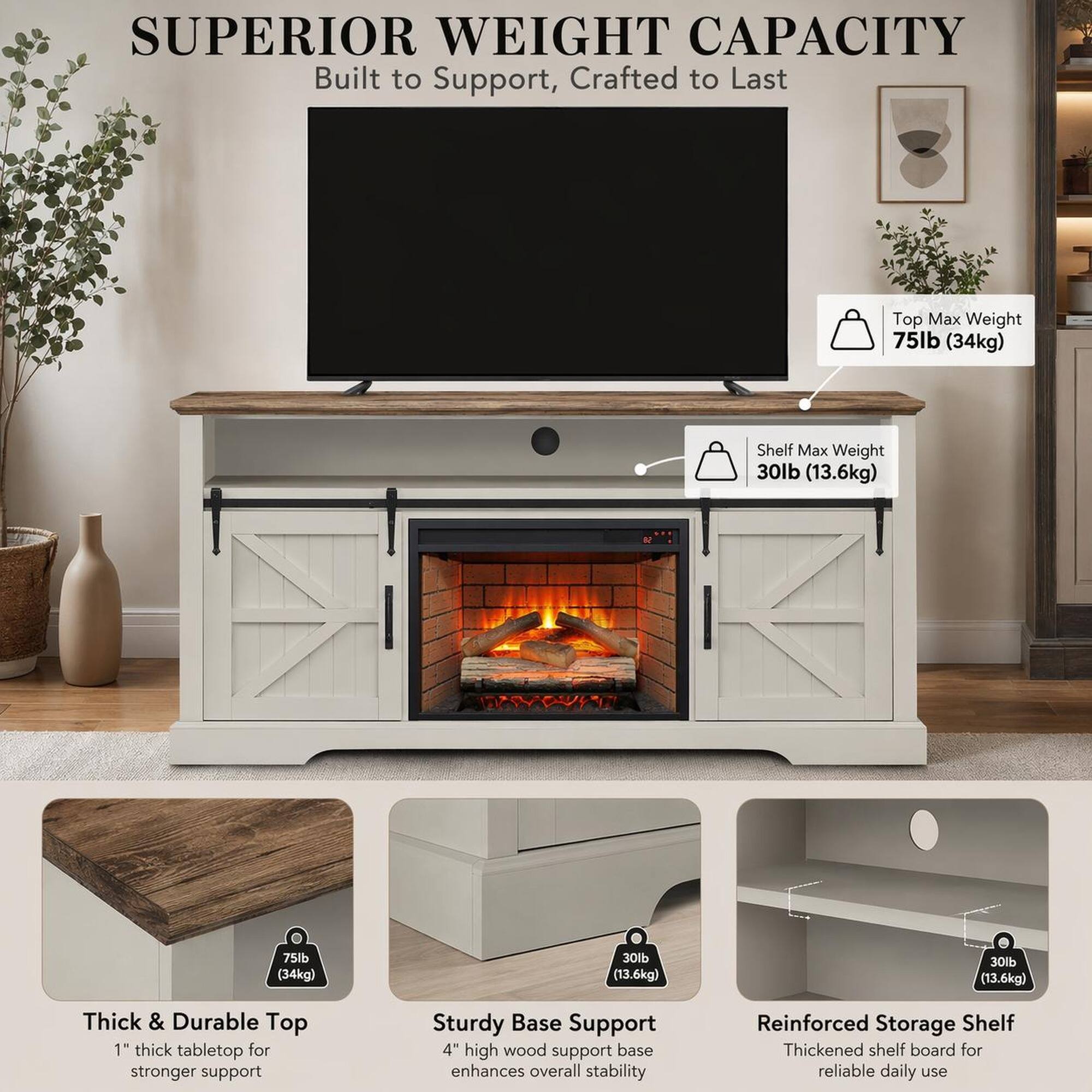SUPERIOR WEIGHT CAPACITY  
Built to Support, Crafted to Last  

Top Max Weight: 75lb (34kg)  
Shelf Max Weight: 30lb (13.6kg)  

Thick & Durable Top  
1" thick tabletop for stronger support  

Sturdy Base Support  
4" high wood support base enhances overall stability  

Reinforced Storage Shelf  
Thickened shelf board for reliable daily use