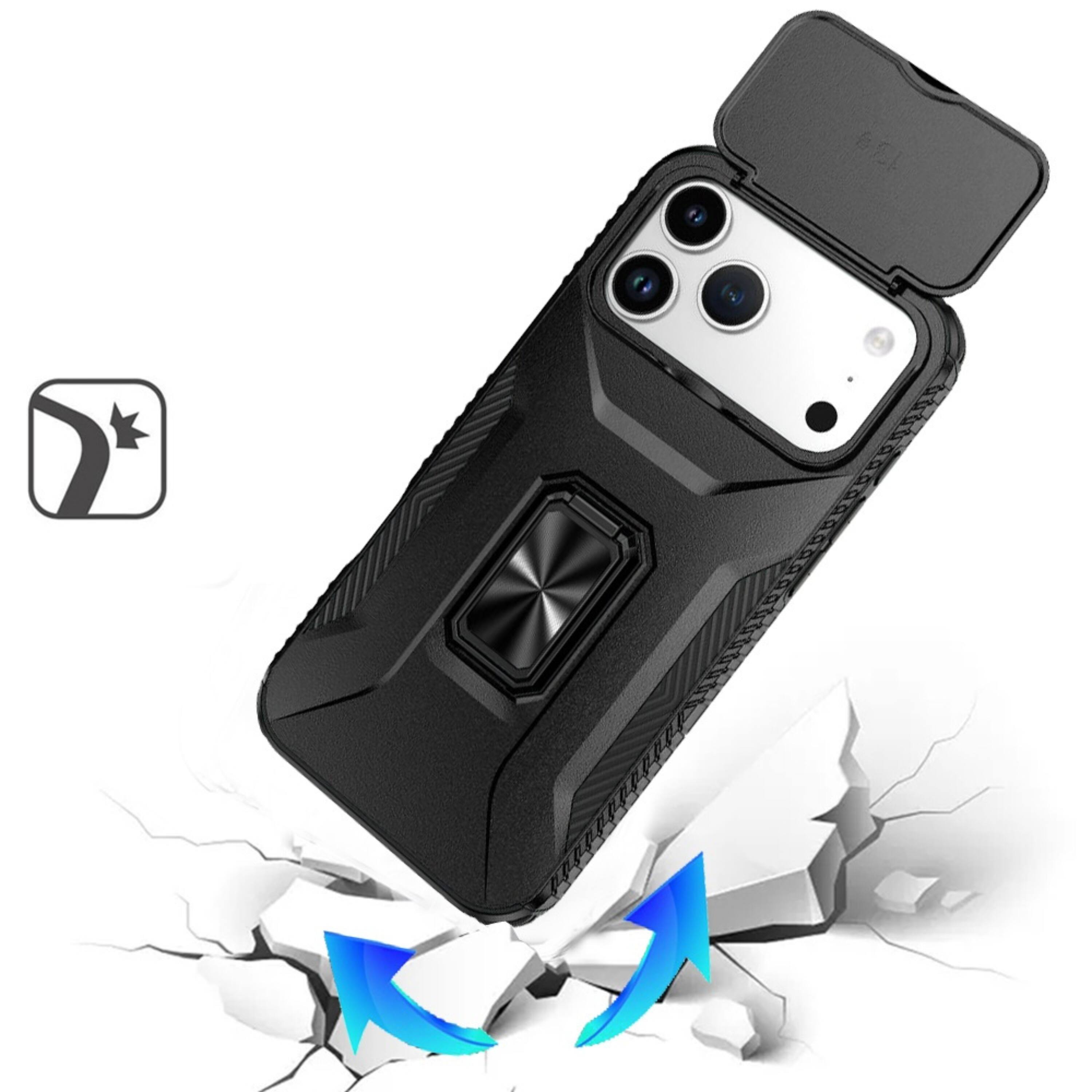 Angle. Kitcheniva - Full Coverage Metal Stand Lens Cover Phone Case With Tempered Glass For iPhone 17 Pro Black - Black.