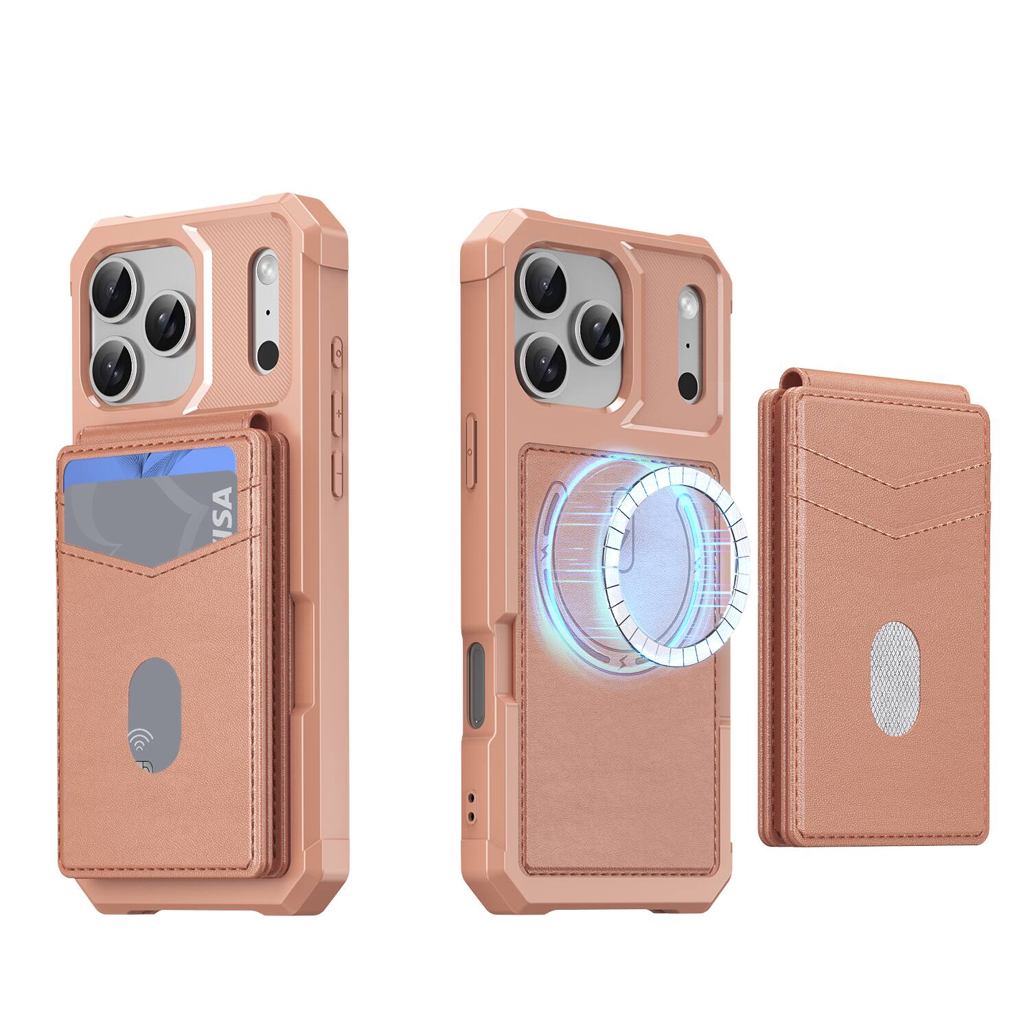 Angle. Dteck - For Apple iPhone 17 Pro Max 2-in-1 Magnetic Leather Flip Stand Wallet Case RFID Blocking Detachable Card Holder - Rosegold.