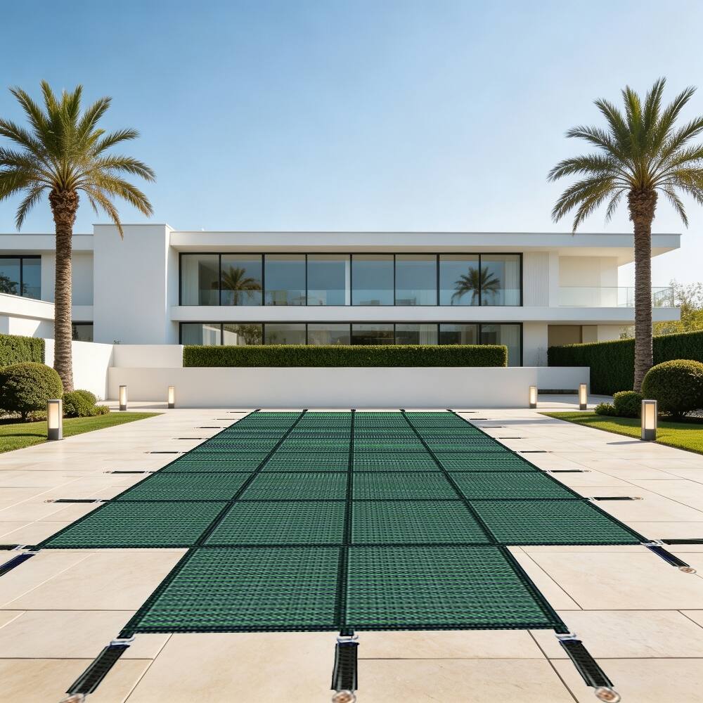 Front. Ropilly - Ropilly inground pool safety cover, 16x32 winter pool cover with center step, Green Mesh.