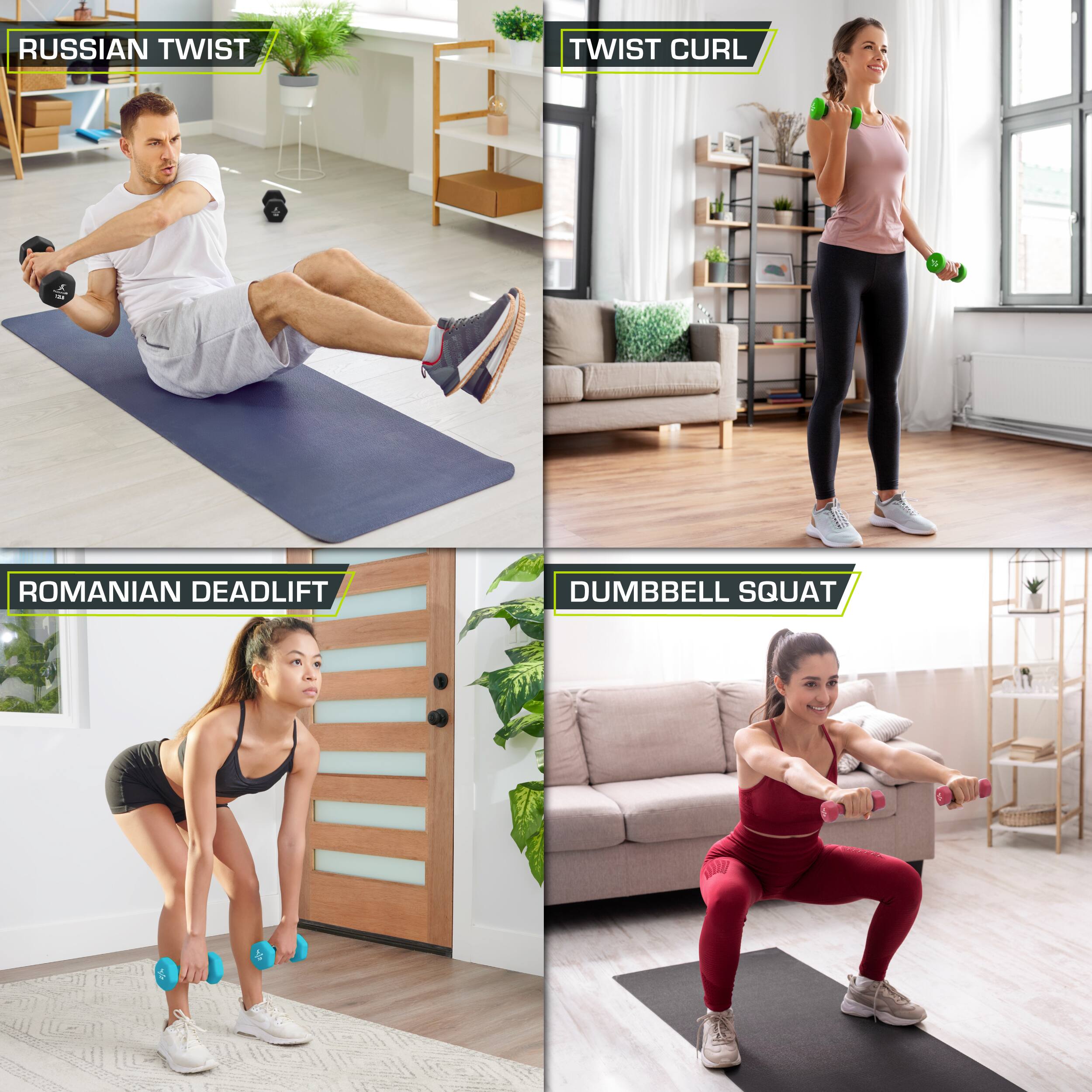 RUSSIAN TWIST, TWIST CURL, ROMANIAN DEADLIFT, DUMBBELL SQUAT