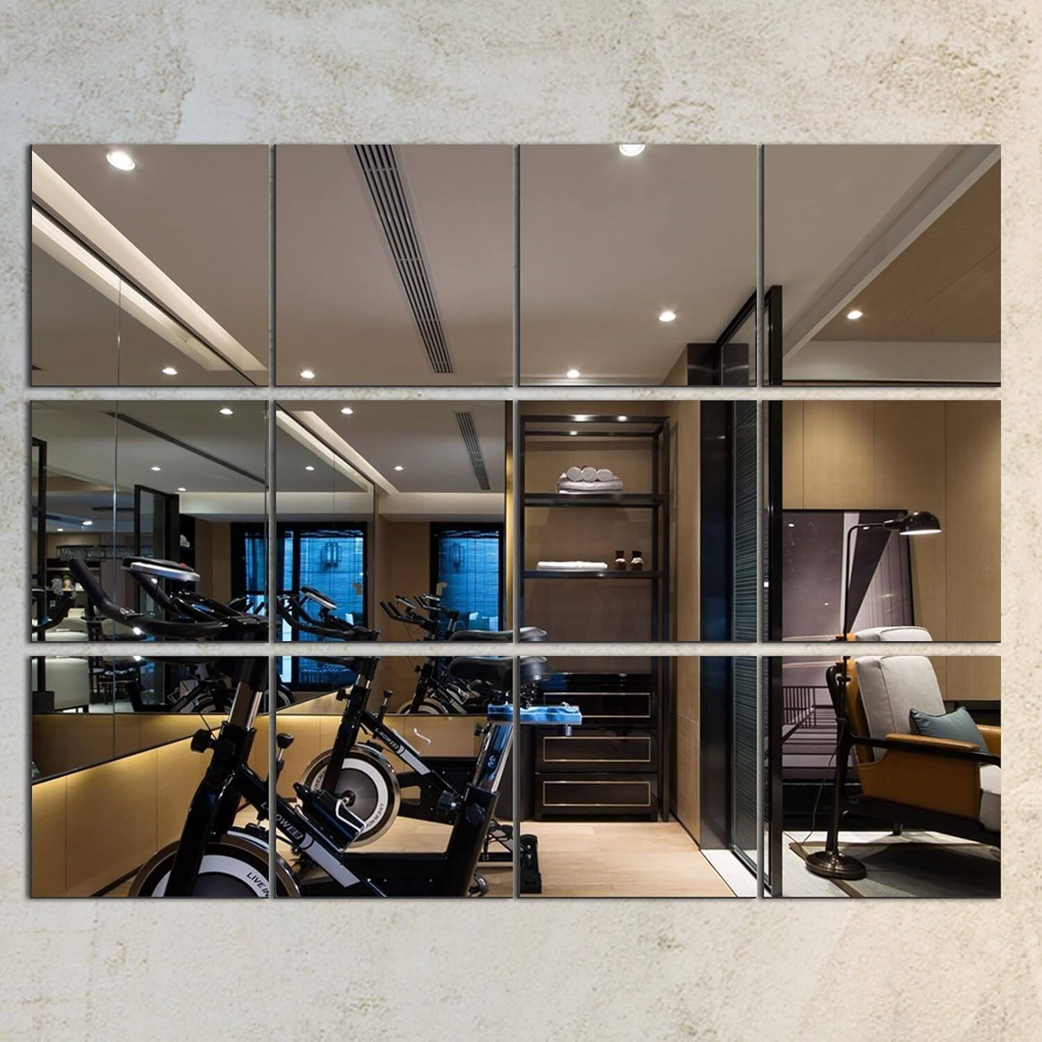 Live At Space - 12PCS 12"x12" Home Gym Mirror Wall-Mounted Glass Full Length Tiles Door Wall Body Frameless for Dance Garage Yoga - Default
