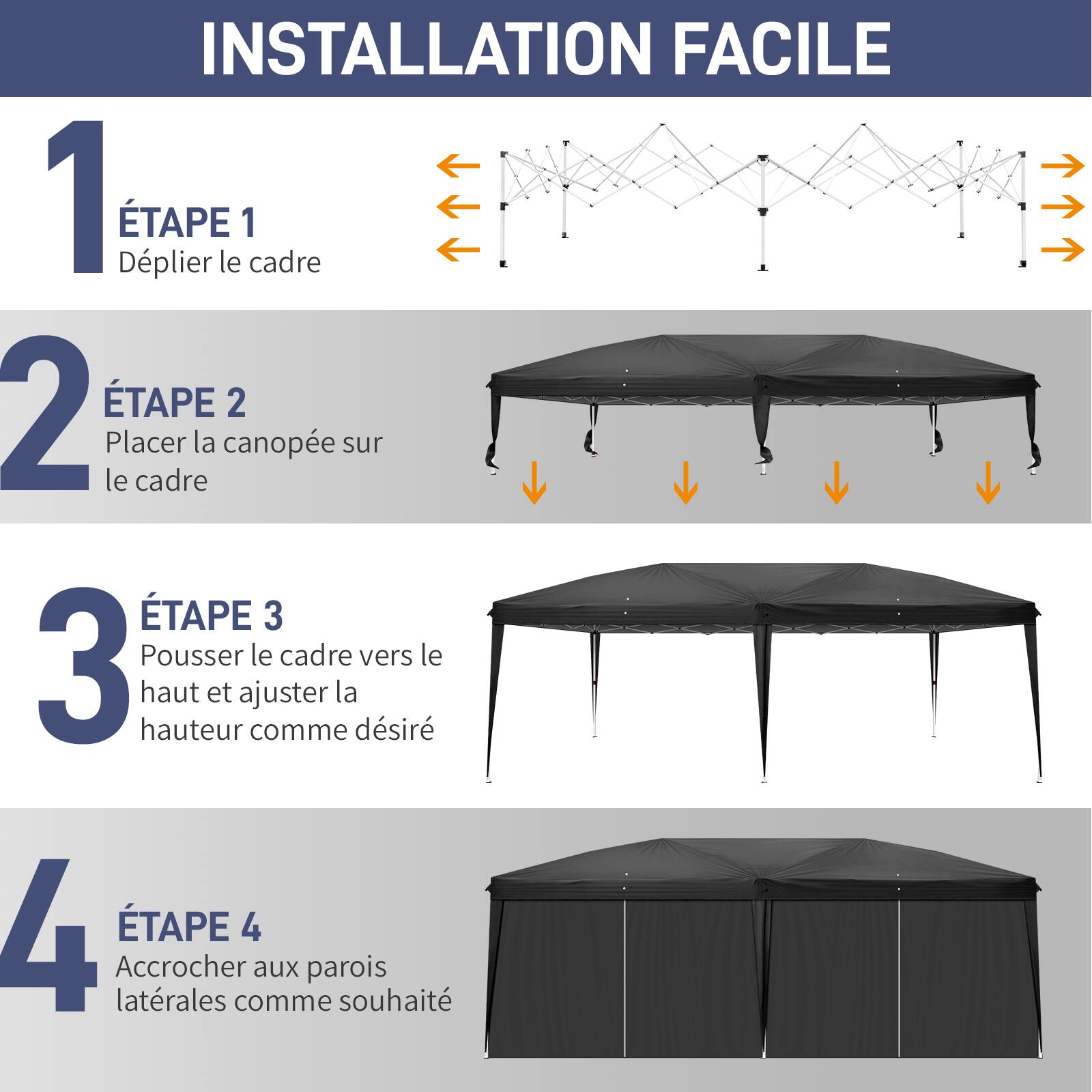 INSTALLATION FACILE

1. ÉTAPE 1
   Déplier le cadre

2. ÉTAPE 2
   Placer la canopée sur le cadre

3. ÉTAPE 3
   Pousser le cadre vers le haut et ajuster la hauteur comme désiré

4. ÉTAPE 4
   Accrocher aux parois latérales comme souhaité