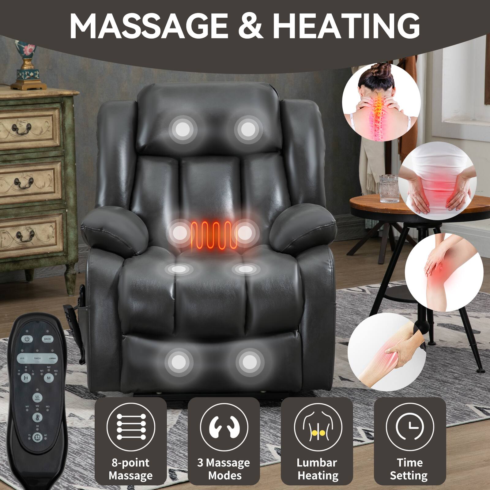 MASSAGE & HEATING

- 8-point Massage
- 3 Massage Modes
- Lumbar Heating
- Time Setting