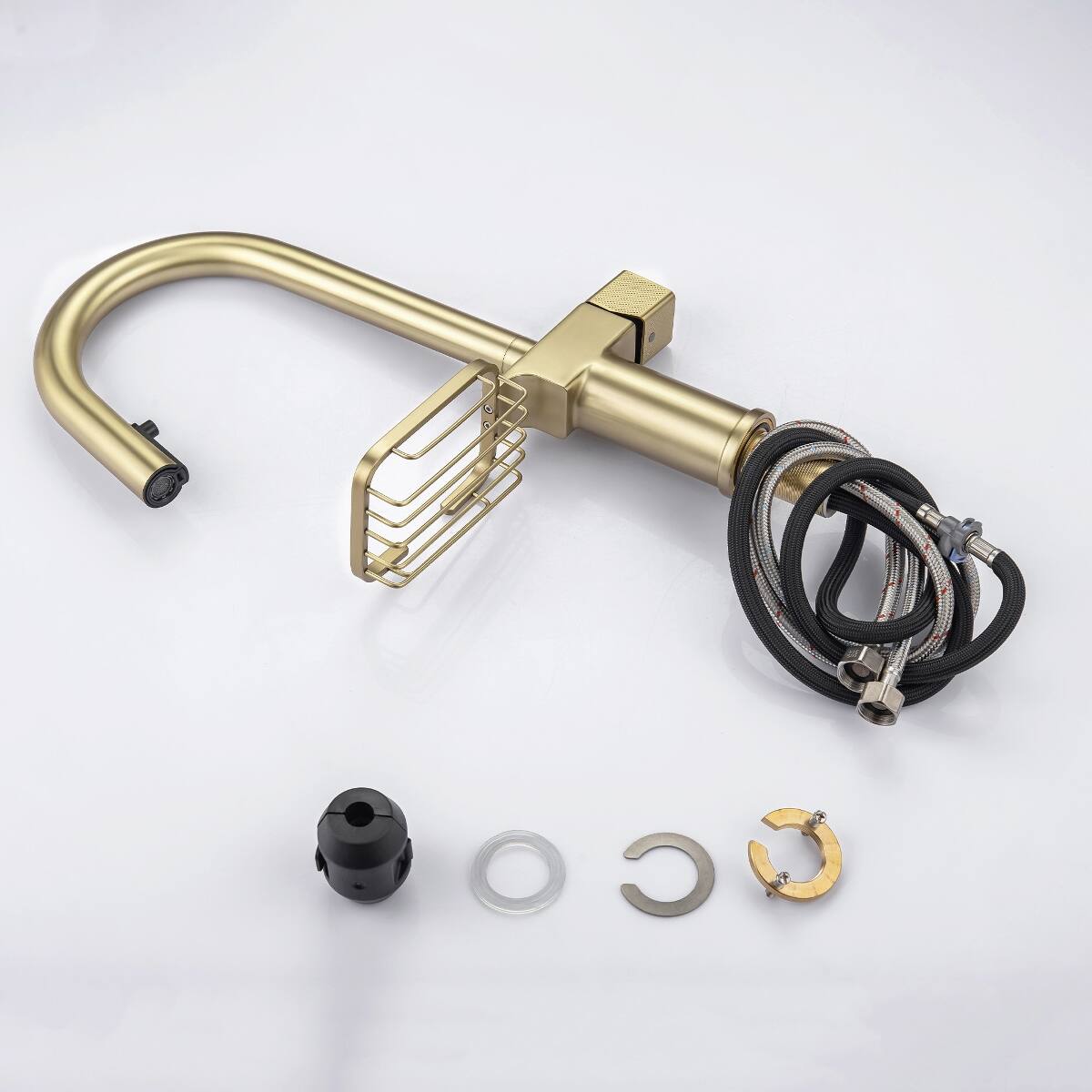 Alt View 4. Ropilly - Ropilly Pull Down Kitchen Faucet Brushed Gold Single Hole High Arc Sink Faucet with Storage Shelf - Brushed Gold.
