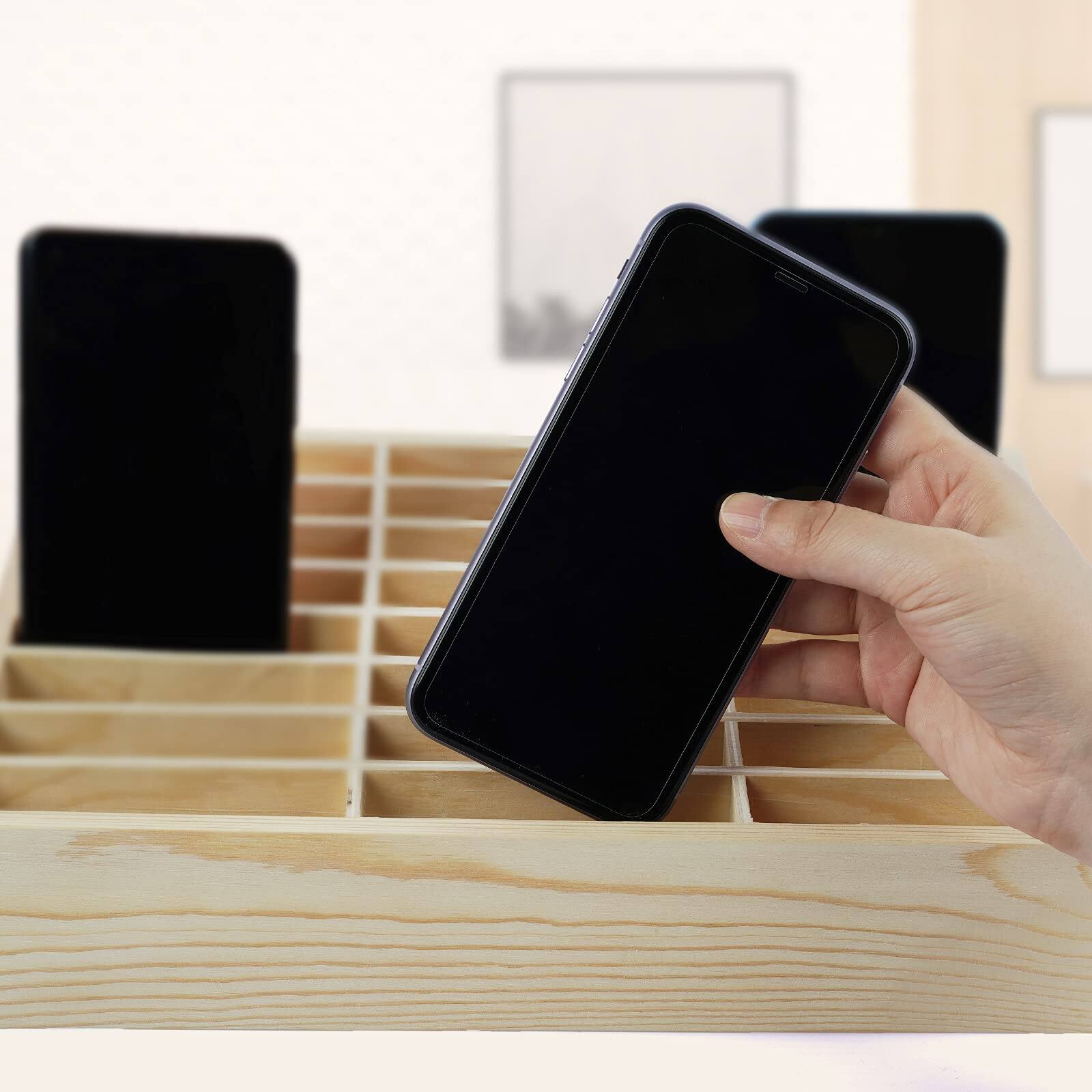 Alt View 2. PO3TICJUNKI3 - 36-grid Wooden Cell Phone Holder Desktop Organizer Storage Box For Classroom Office (36-grid) Universal - 24-Grid.