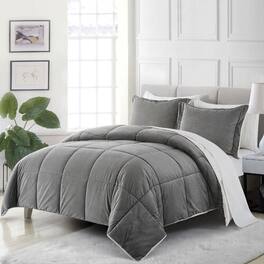 Hivvago - Queen Plush Microfiber Reversible Comforter Set in Grey - Gray