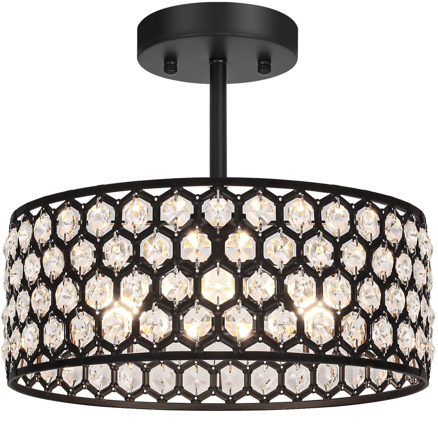 Front. Earthley Blooms - Crystal Ceiling Light Fixture Modern Semi Flush Mount Chandelier Lighting For Hallway Kitchen Foyer Daz - Black 12in A.