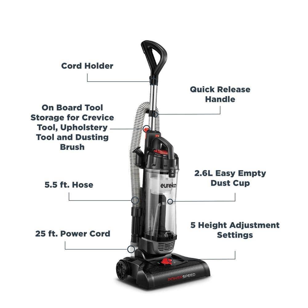 - Cord Holder
- On Board Tool Storage for Crevice Tool, Upholstery Tool and Dusting Brush
- Quick Release Handle
- 5.5 ft. Hose
- 2.6L Easy Empty Dust Cup
- 25 ft. Power Cord
- 5 Height Adjustment Settings
- DOWEESPEED POWER SPEED
