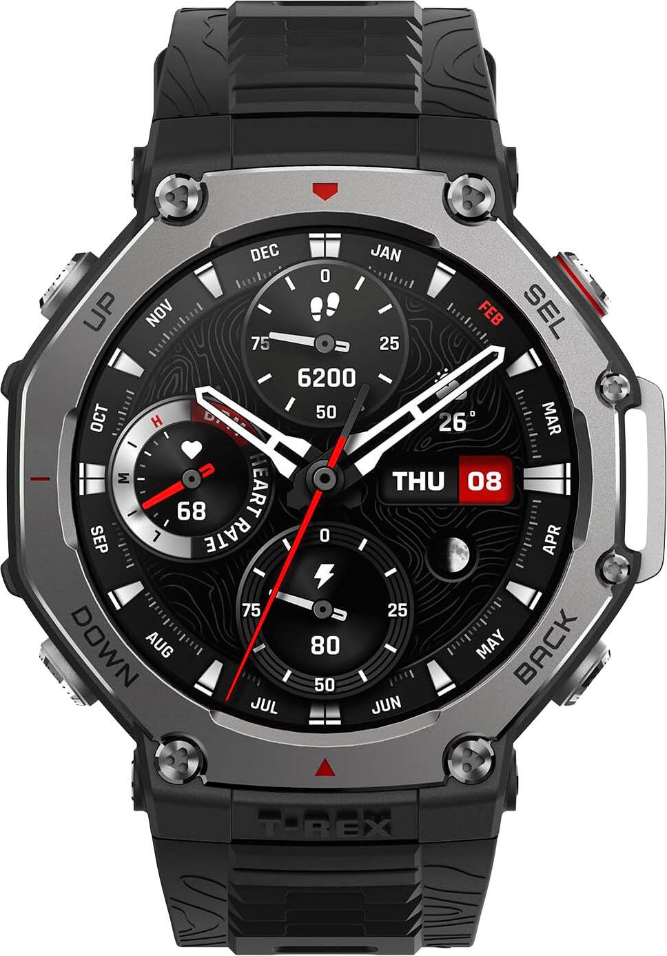 The text on the image reads: "DEC JAN 0 UP NOV Iunhtthul FEB SEL 75 25 6200 OCT 50 MAR H 26 M THU 08 - 68 EART SEP RATE 0 APR 75 25 DOWN AUG 80 MAY BACK 50 JUL JUN T-REX."

The text is a combination of various numbers and abbreviations, which are likely related to the watch's functions or settings. However, without more context or information about the watch, it is difficult to determine the exact meaning or purpose of these numbers and abbreviations.