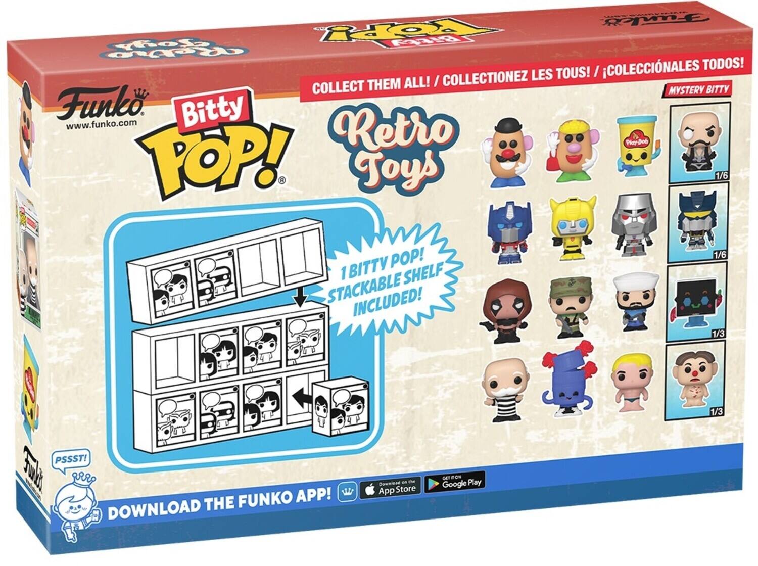 Funko, Funko, AAT, Fog, R, COLECCINALES TODOS!, LES TOUS!, COLLECT THEM ALL!, COLLECTIONEZ, MYSTERY BITTY, www.funko.com, Retro, Pioy-Dod, TOP!, Toys, 1/6, POP!, 1/6, 1 BITTY SHELF, STACKABLE INCLUDED!, 1/3, 1/3, PSSST!, daut, THE FUNKO APP!, DOWNLOAD, Deee, an, App Store, OET, WO, Google Play