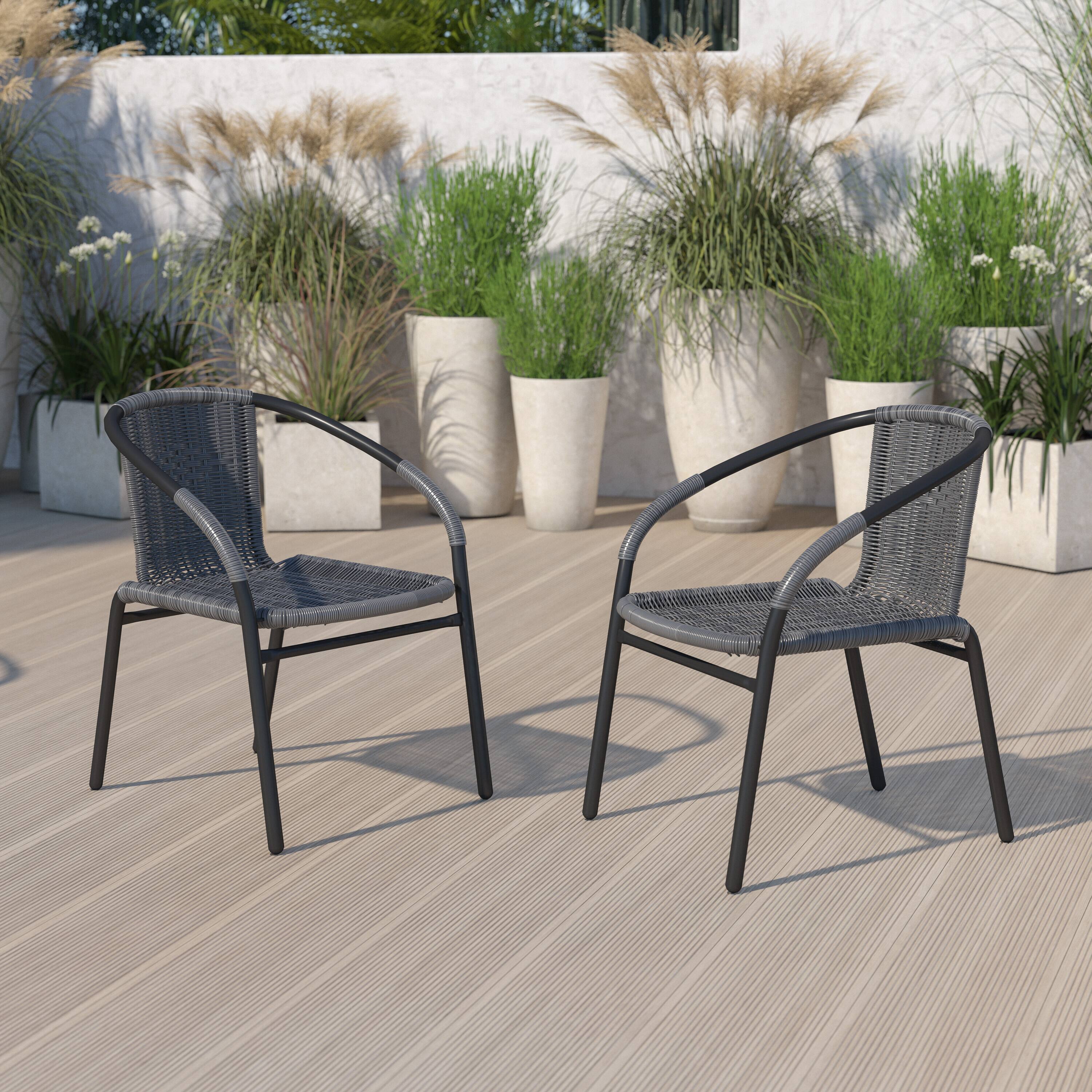 Alt View 2. Emma + Oliver - 2 Pack Rattan Indoor-Outdoor Restaurant Stack Chair with Curved Back - Gray.