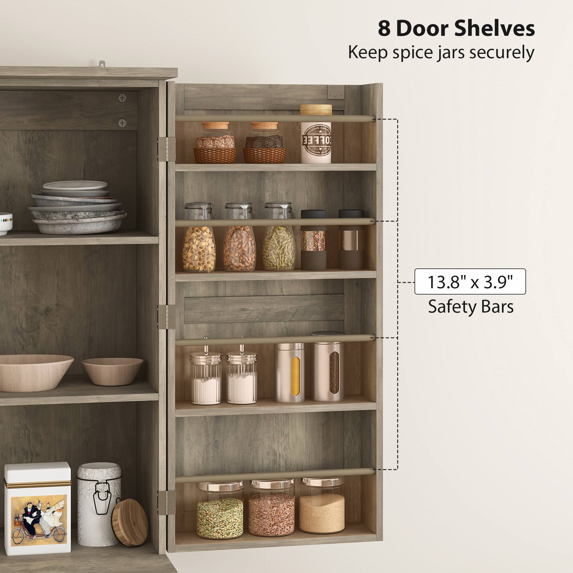 8 Door Shelves, Keep spice jars securely, 13.8" x 3.9", Safety Bars