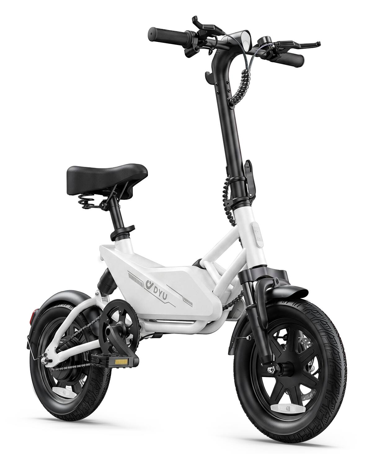 Angle. DYU - 14" Folding Electric Bike with 36V 280.8WH Battery,15.5MPH - White.