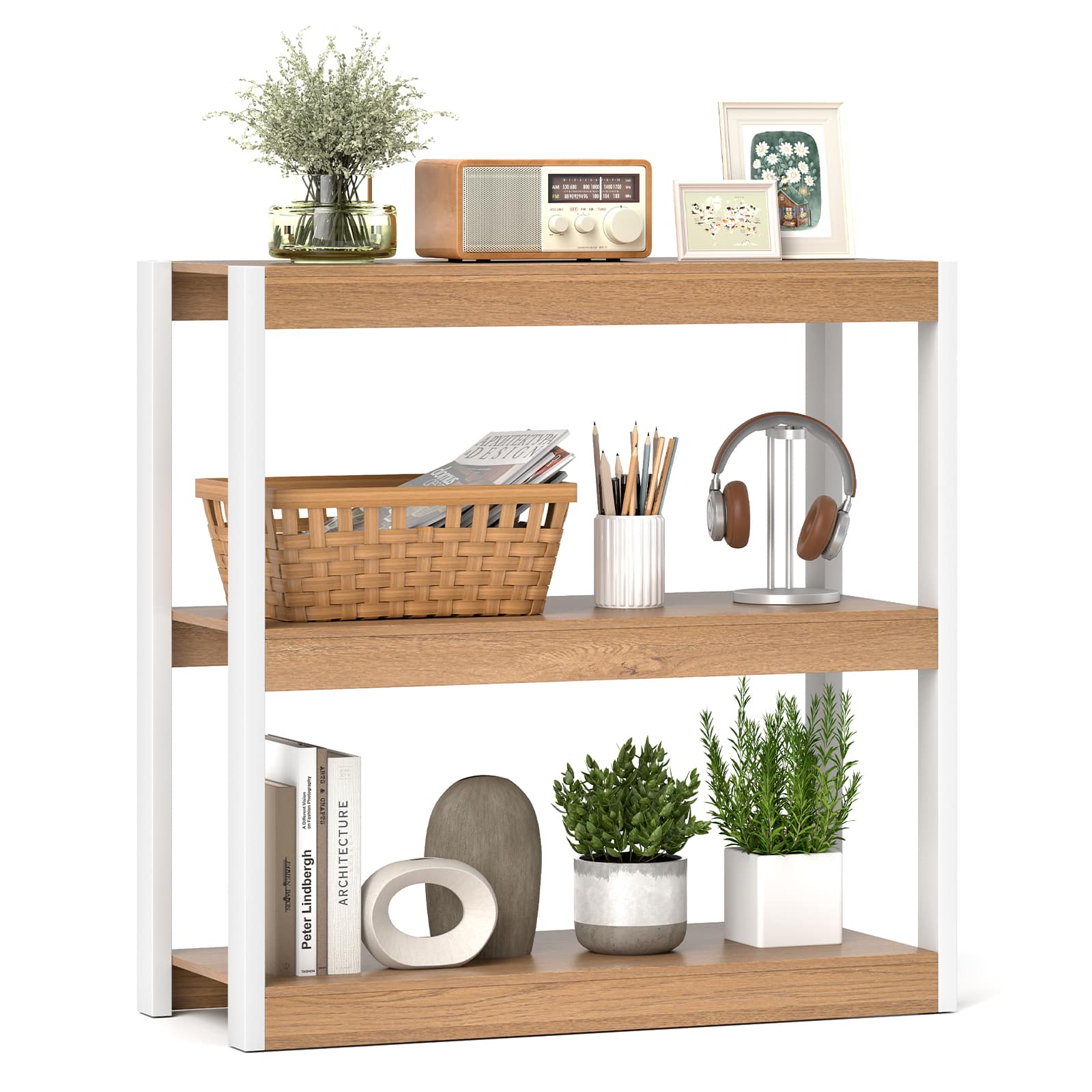 Gymax - 3 Tier Bookshelf Wooden Bookcase w/ Dual Anti-Tipping Kits Open Shelving Unit Natural & White - Natural, White