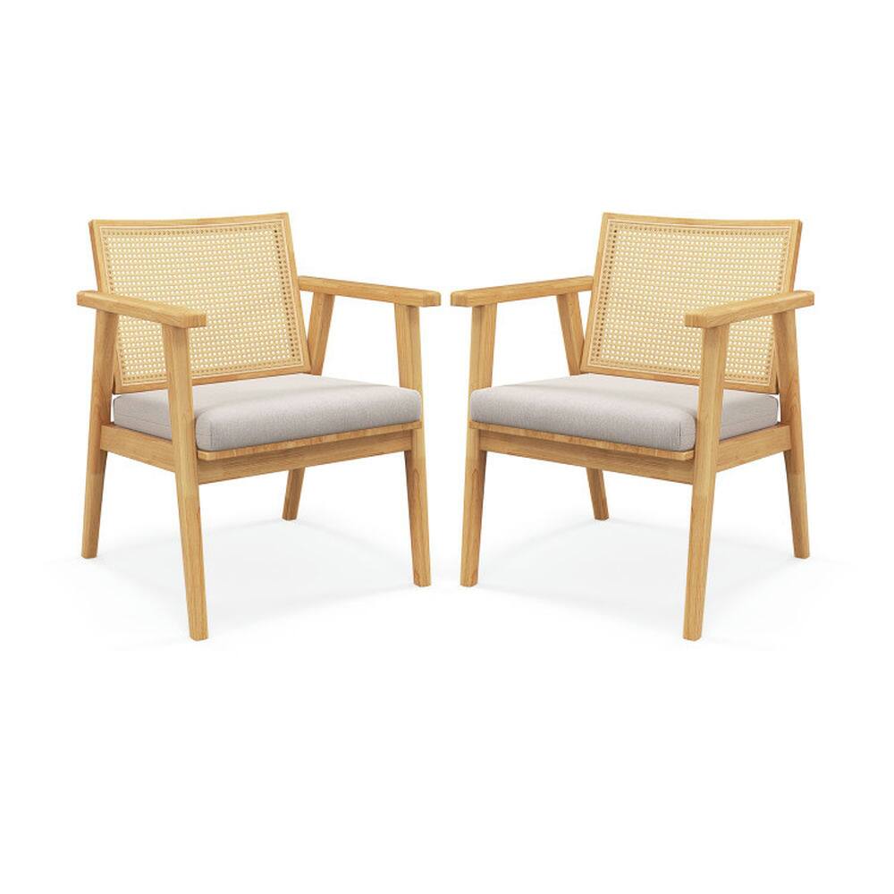 Angle. Pefilos - Mid Century Modern Accent Chairs Set of 2 with Breathable Rattan Back-Natural, Lounge Chair, Dining Room Chair - Brown.
