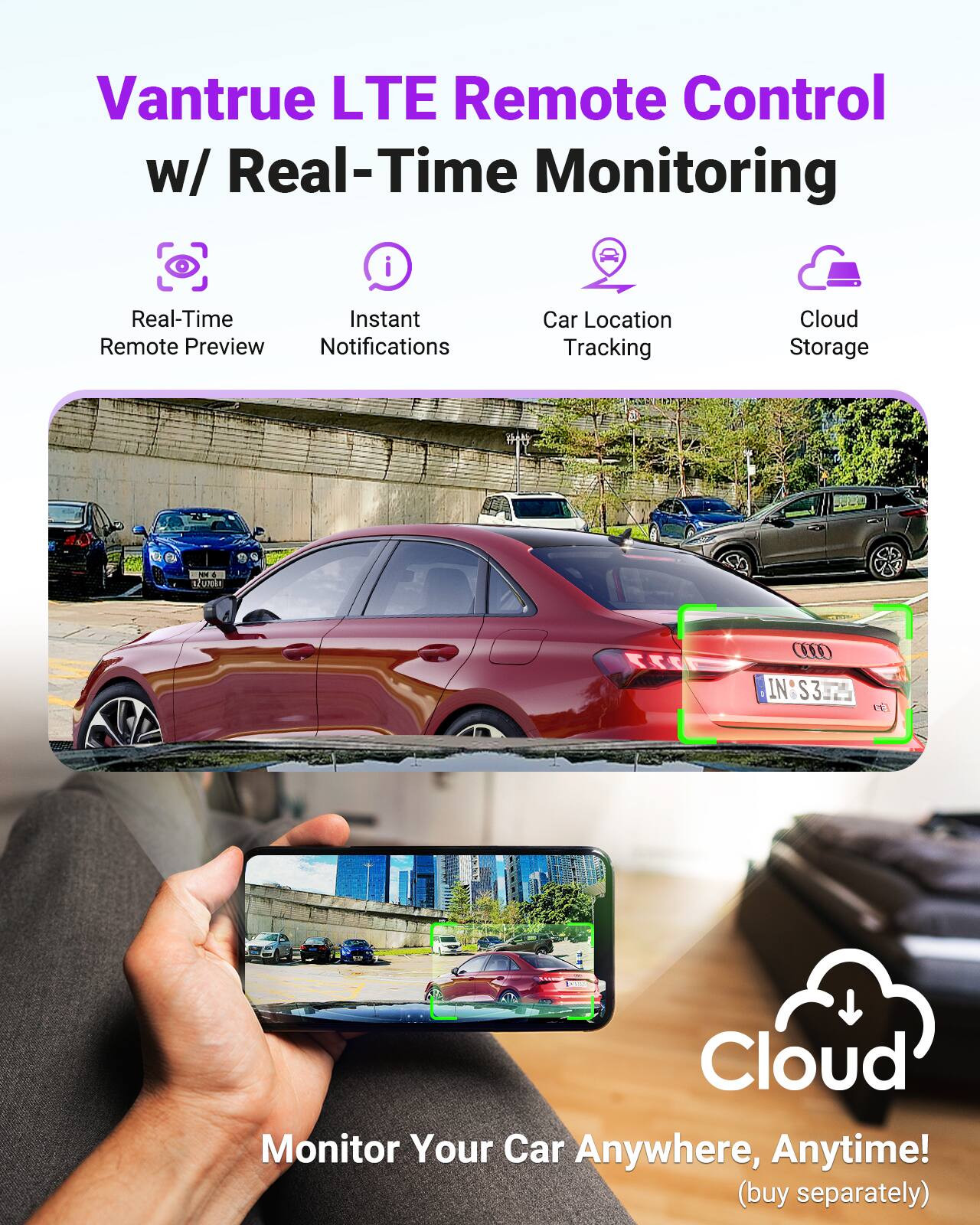 Vantrue LTE Remote Control w/ Real-Time Monitoring  
- Real-Time Instant Remote Preview Notifications  
- Car Location Tracking  
- Cloud Storage  

Monitor Your Car Anywhere, Anytime! (buy separately)