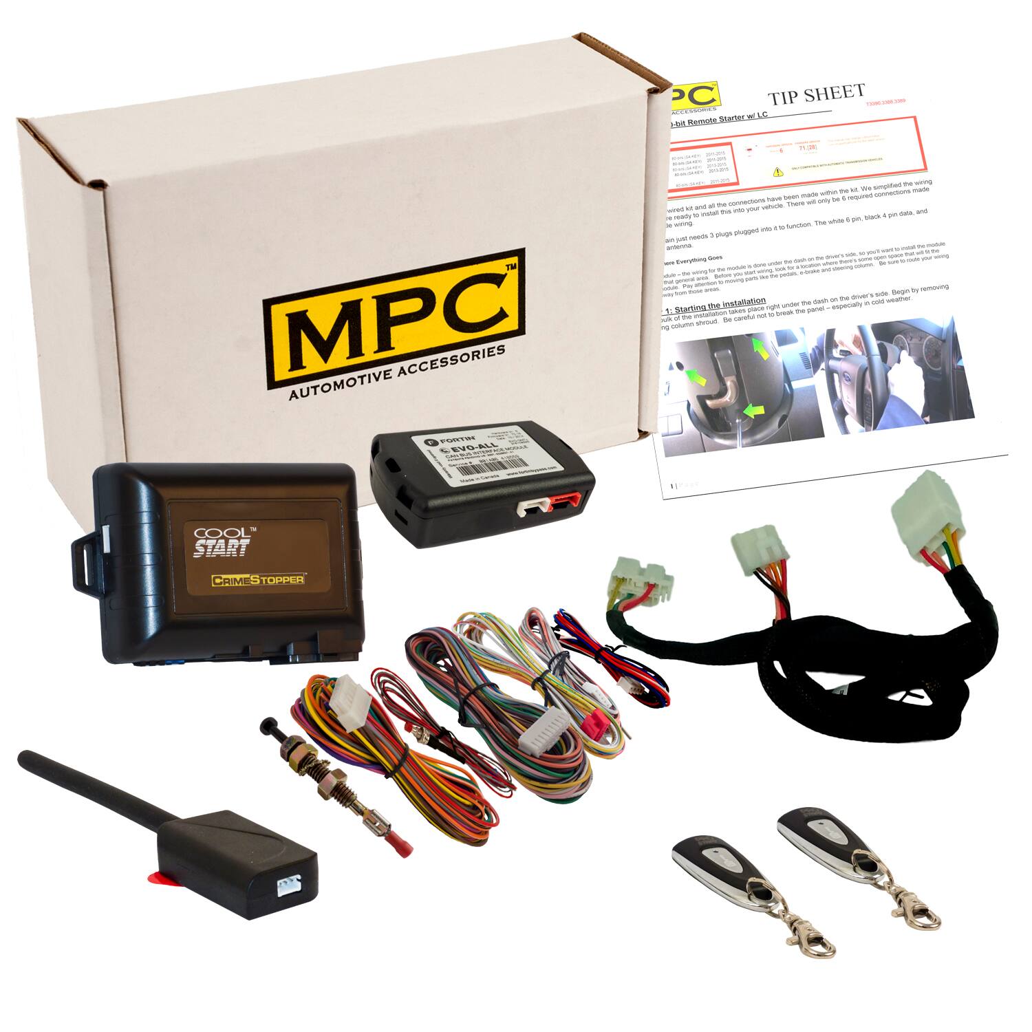 MPC  
AUTOMOTIVE ACCESSORIES  

TIP SHEET  
Tilt Remote Starter w/ LCD  

1. Starting the Installation  
The installation takes about 1 hour to break the panel - depending on the vehicle.  

COOL START  
CRIME STOPPER  

- MPC  
- AUTOMOTIVE ACCESSORIES  
- TIP SHEET  
- Tilt Remote Starter w/ LCD  
- 1. Starting the Installation  
- The installation takes about 1 hour to break the panel - depending on the vehicle.  
- COOL START  
- CRIME STOPPER