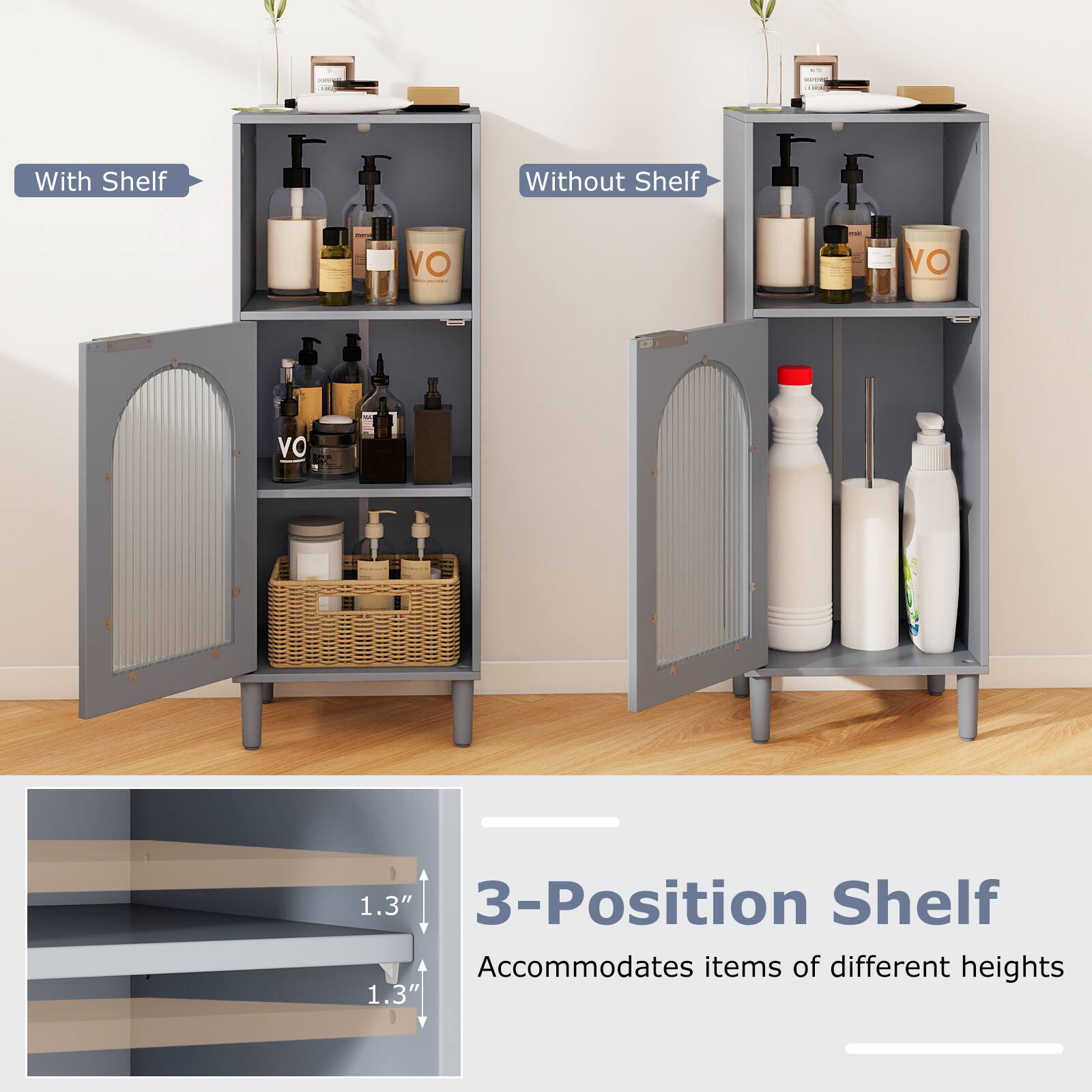 With Shelf | Without Shelf

I VO -  VO

1.3" 3-Position Shelf Accommodates items of different heights