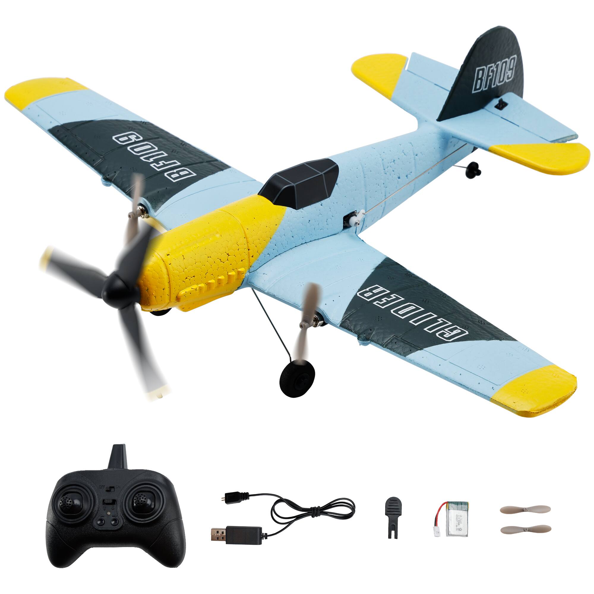 Topteng - BF-109 RC Airplane with 6-Axis Gyro & 2 Batteries - 3CH 2.4GHz, EPP Foam, 20min Flight, 2 Take-off Methods,for Beginners