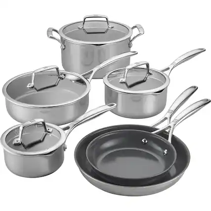 Front. ZWILLING - ZWILLING Energy Plus 10-pc Stainless Steel Ceramic Nonstick Cookware Set - Stainless Steel.
