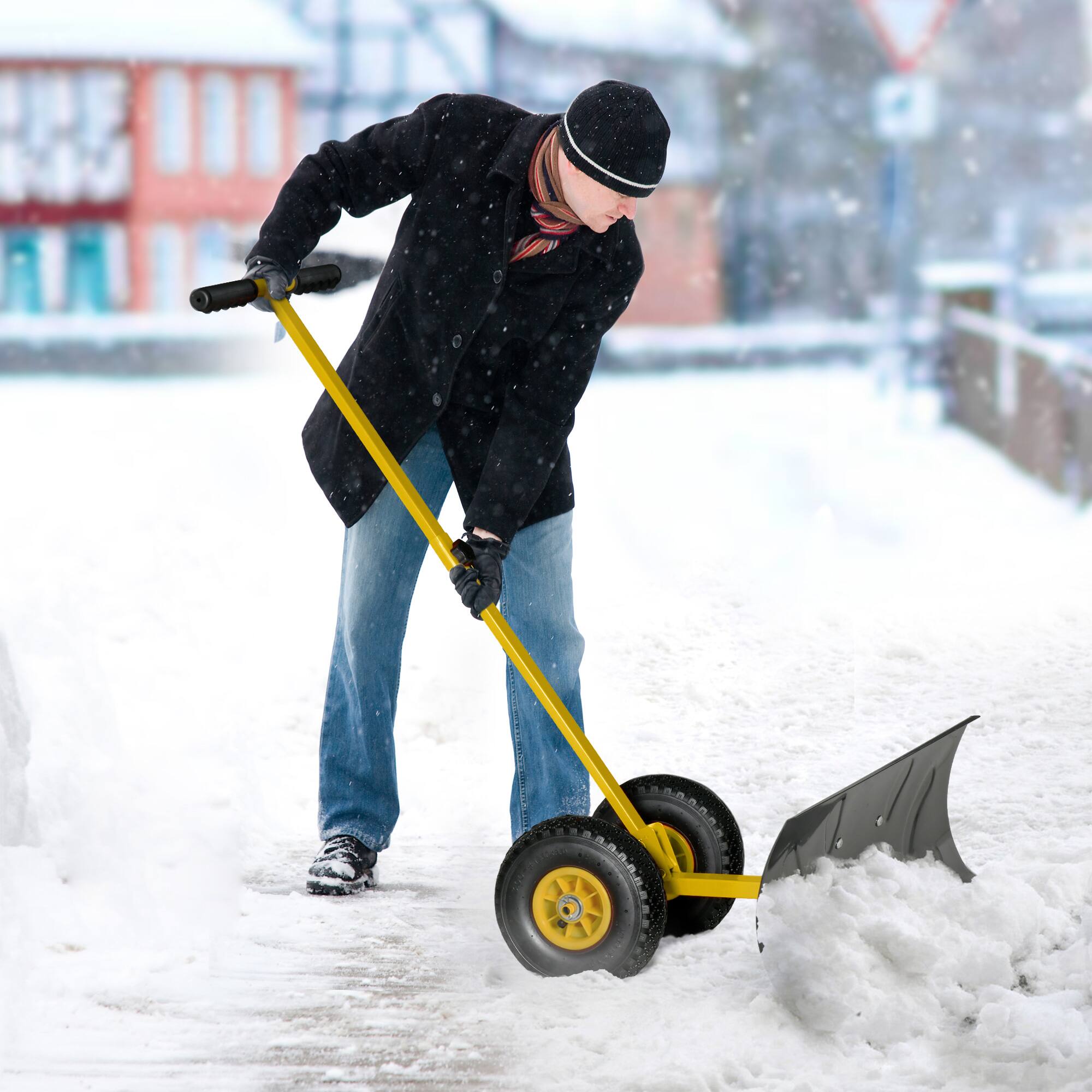 Alt View 1. Outsunny - Snow Shovel, Rolling Pusher with 29" Blade - Yellow/Black.