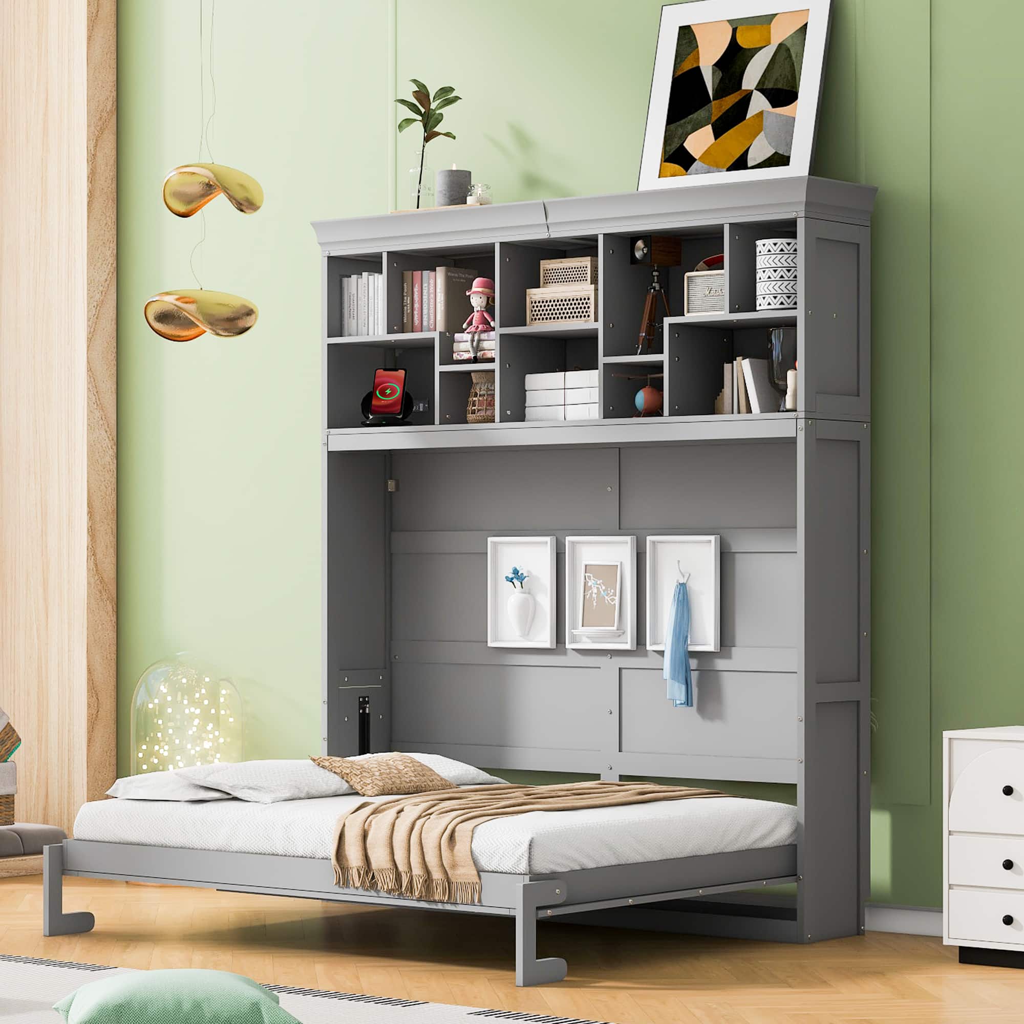 Tiramisubest - Queen Size Murphy Bed with Shelves & USB, Gray, Plywood, Space-Saving - Gray