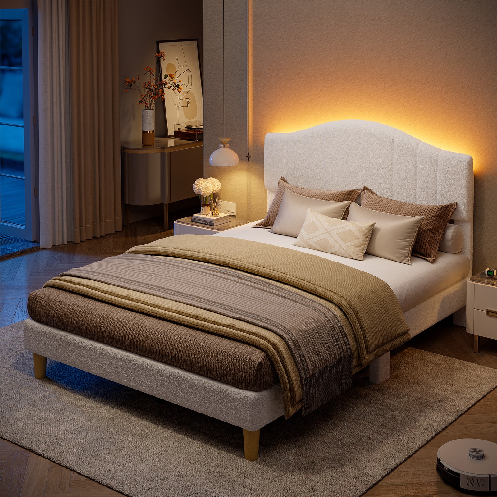 Angle. Pinmoco - Pinmoco - Upholstered Platform Bed Frame with Adjustable LED Arc Headboard - Fabric White.