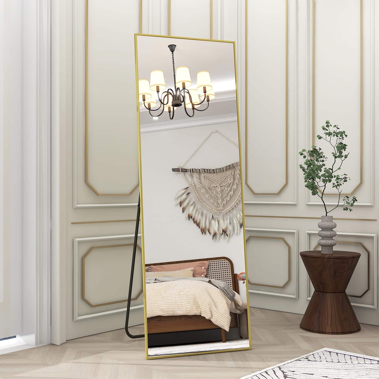 HOMLUX - Full Length Rectangle Floor Mirror Gold Aluminum Frame Free Standing Wall Mounted for Bedroom Entryway