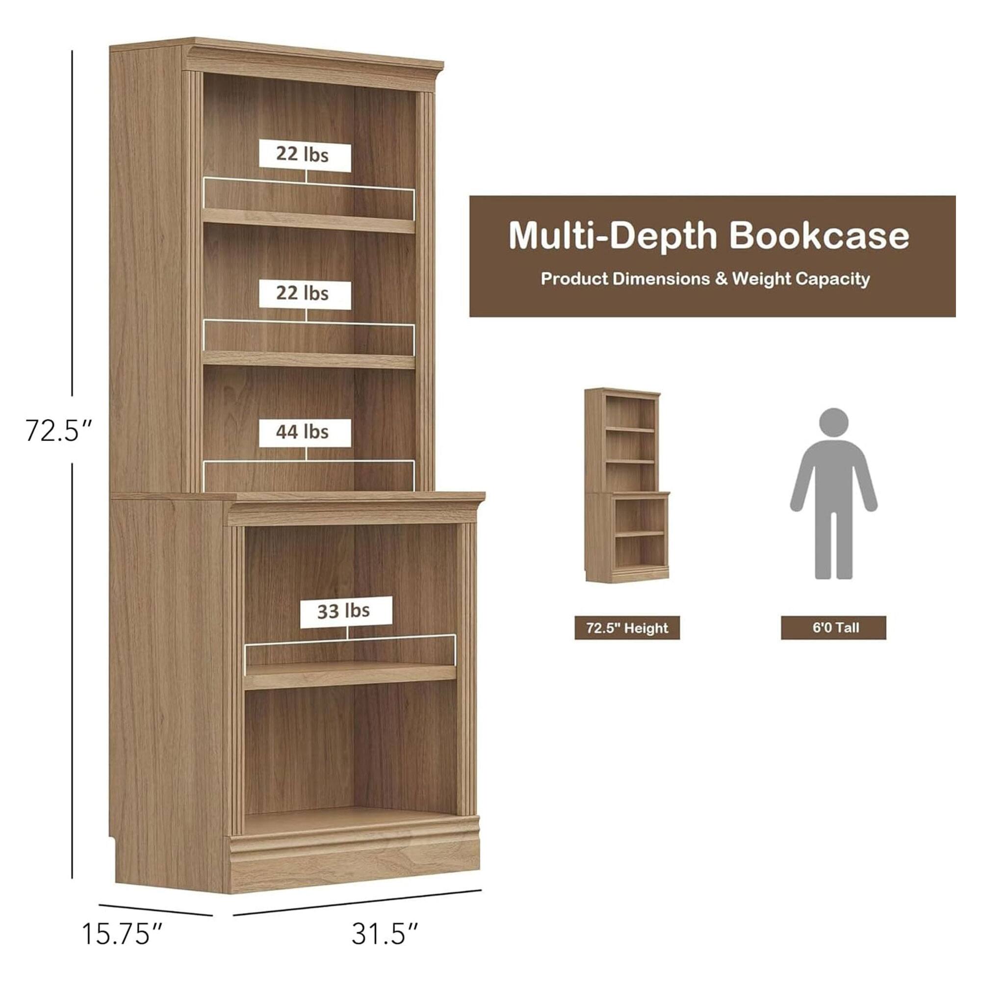Multi-Depth Bookcase  
Product Dimensions & Weight Capacity  

- 72.5" Height  
- 6'0" Tall  
- 15.75"  
- 31.5"  

- 22 lbs  
- 22 lbs  
- 44 lbs  
- 33 lbs