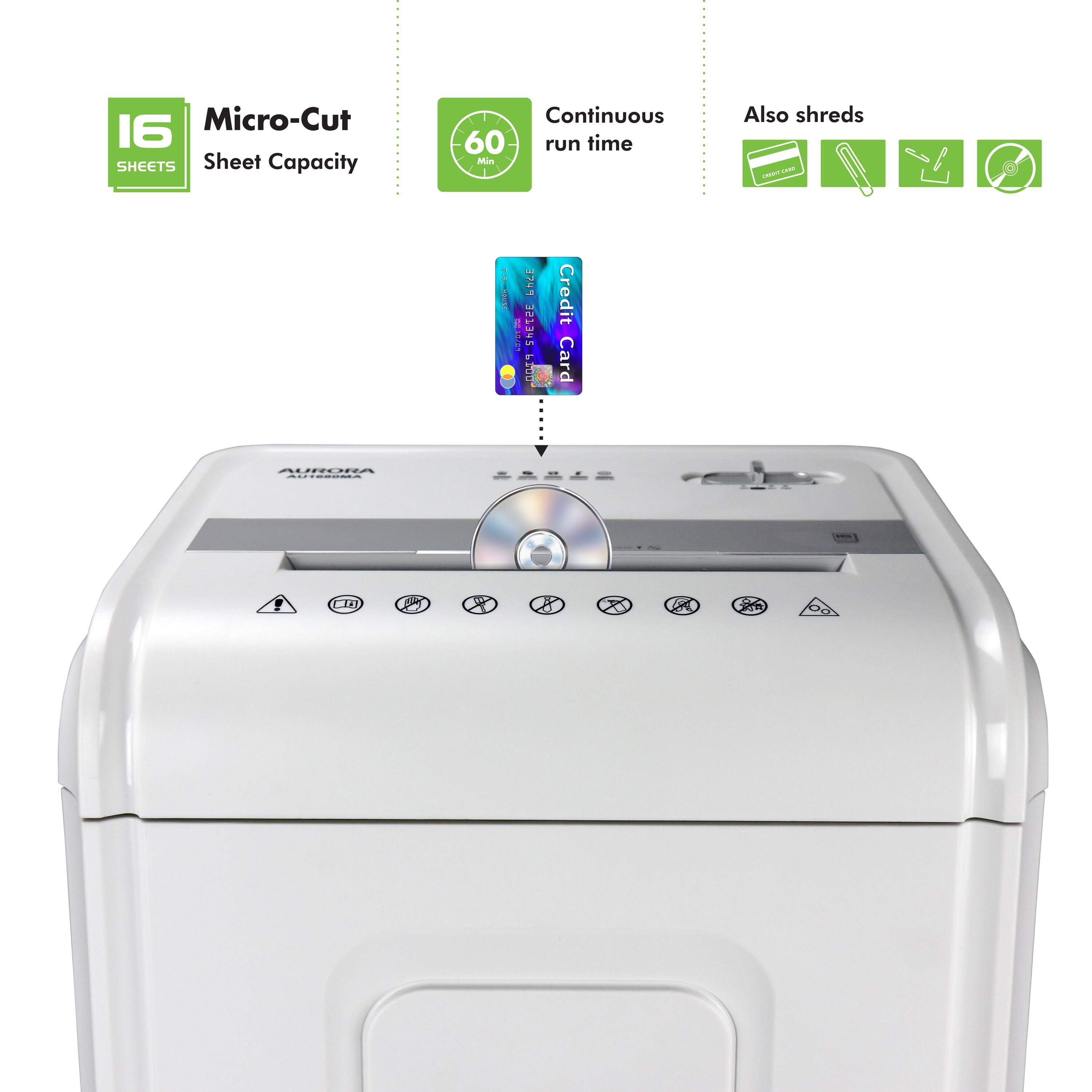 Micro-Cut 16 SHEETS Sheet Capacity Continuous 60 run time Min Also shreds - | 374 PSNUS-1 5h0o Credit Card