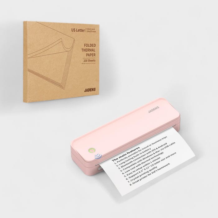 JADENS - PD-A4 Portable Thermal Printer – Wireless & USB, Ink-Free, Long Battery Life, Includes 200 Sheets of A4 Thermal Paper - Pink