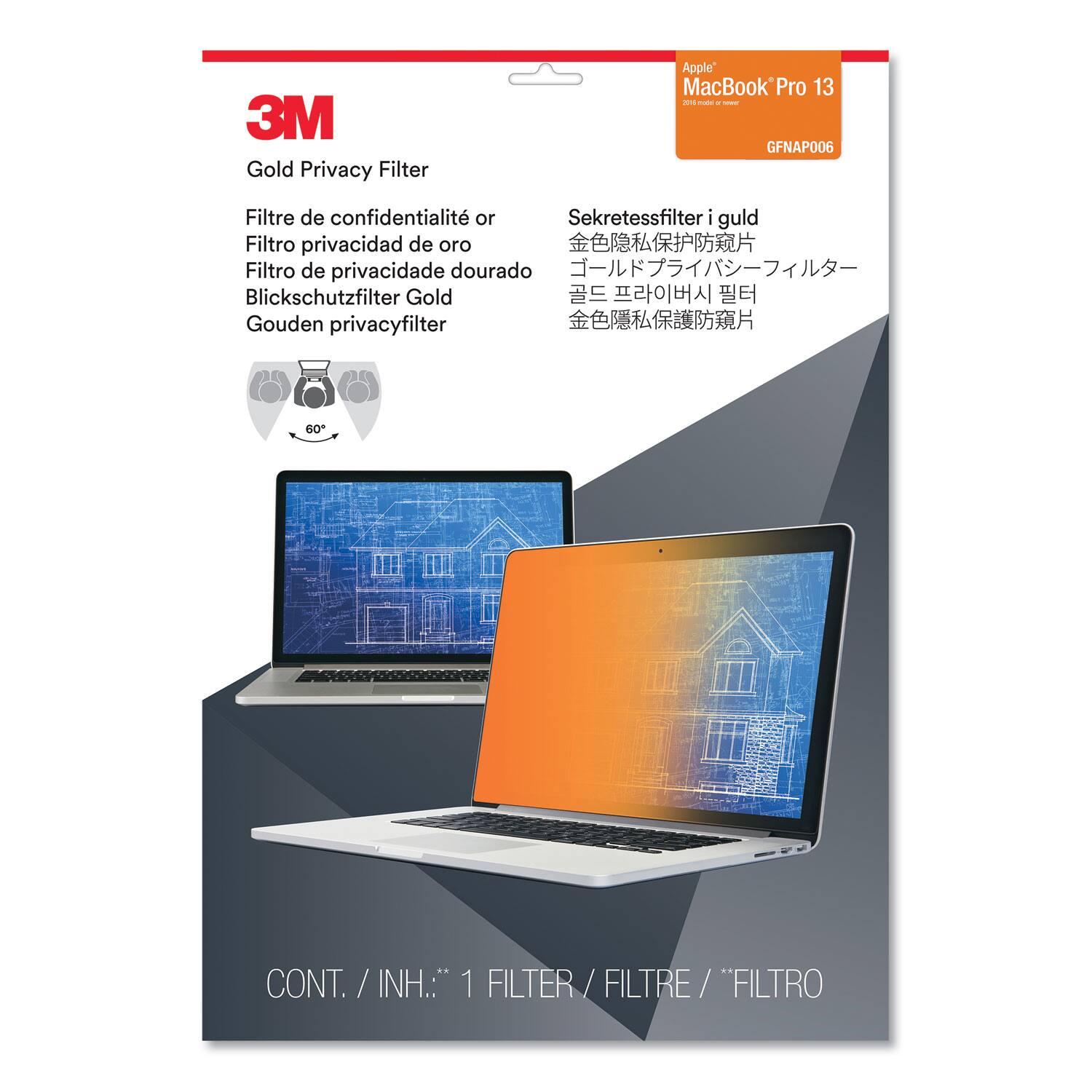 3M Gold Privacy Filter  
Apple MacBook Pro 13  
GFNAPO06  

Filtre de confidentialité or  
Filtro privacidad de oro  
Filtro de privacidade dourado  
Blickschutzfilter Gold  
Gouden privacyfilter  

Sekretessfilter i guld  
金色隐私保护防窥片  
ゴールドプライバシーフィルター  
金色隐私保护防窥片  

CONT. / INH.: 1 FILTER / FILTRE / FILTRO