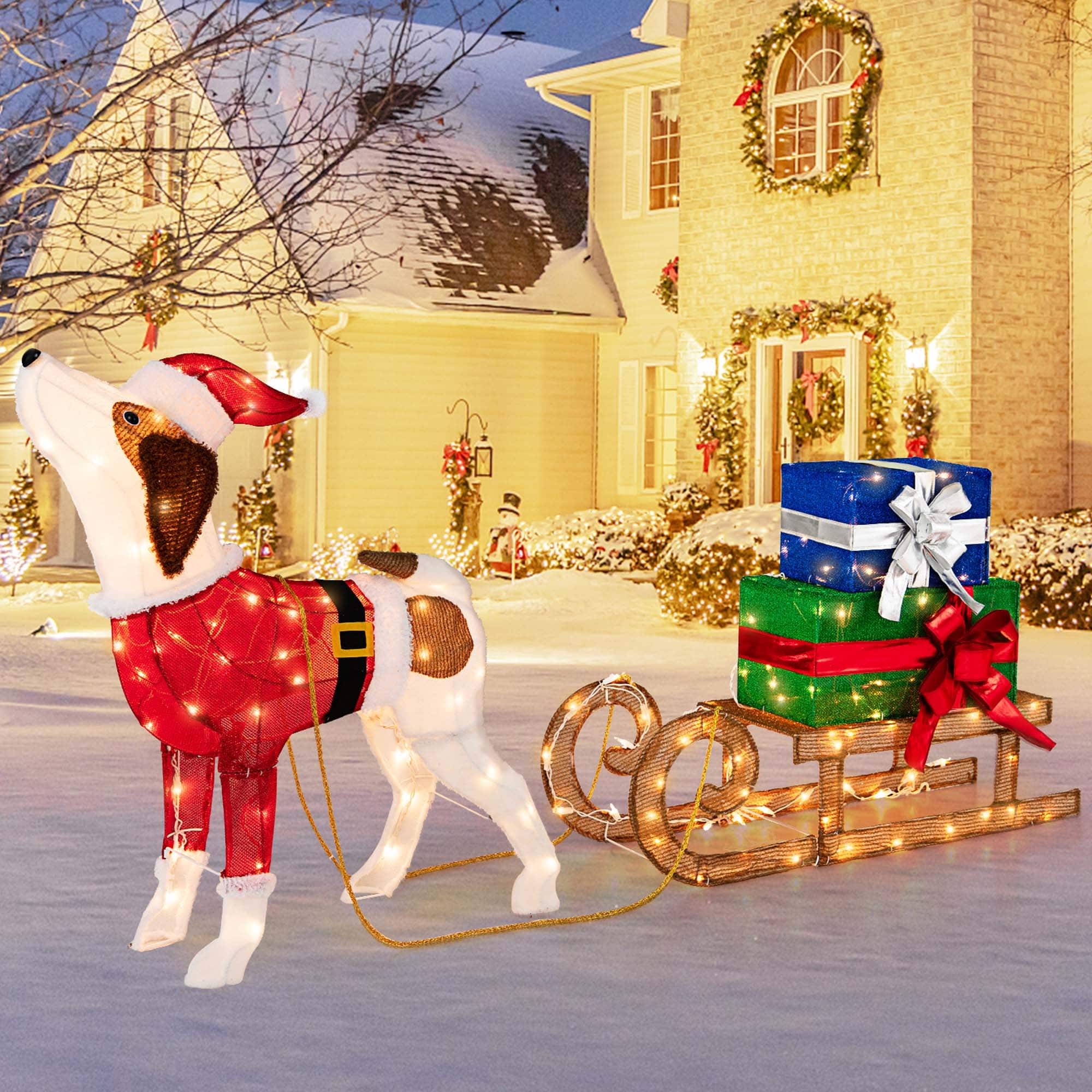 Front. Costway - Pre-Lit Christmas Dog Sleigh & Gift Boxes Combo Christmas Decoration with 170 Lights - Multicolor.
