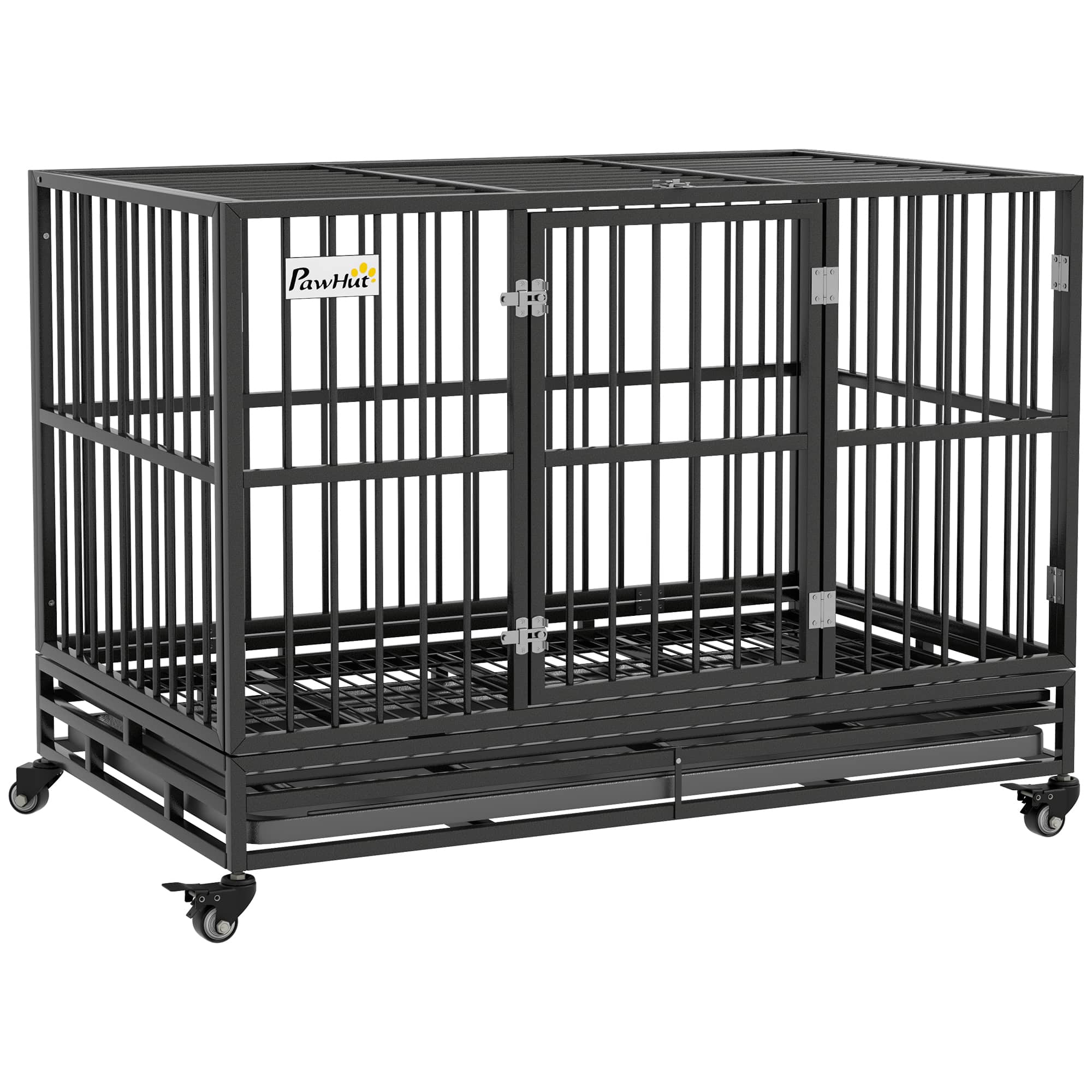 Siljoy - Heavy Duty Dog Crate with 4 Lockable Wheels, Double Door & Tray for Large Dogs up to 88 lbs
