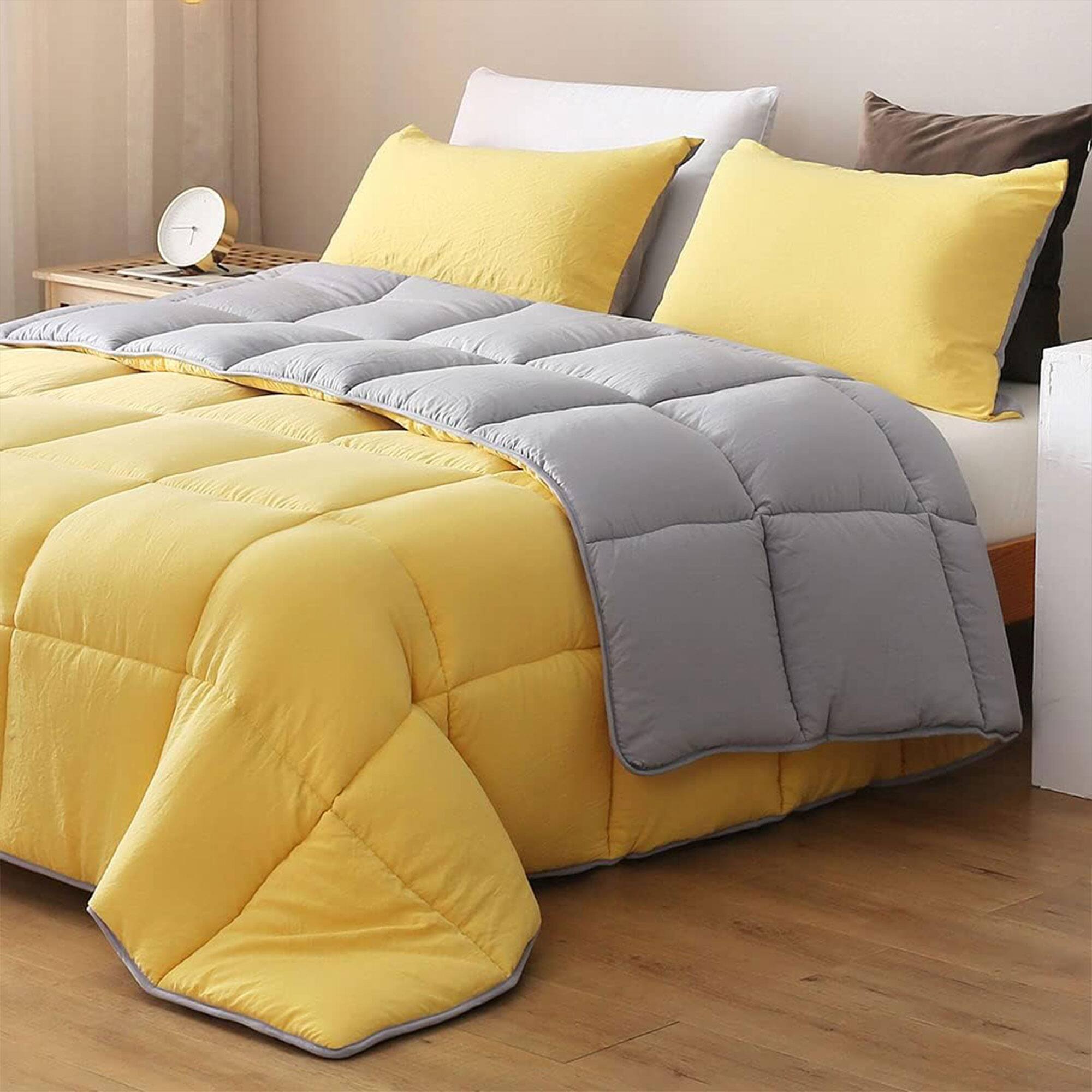 Front. APSMILE - APSMILE Reversible Full/Queen Ultra Soft Microfiber Bed Comforter, Yellow/Gray - Chrome Yellow/Gray.
