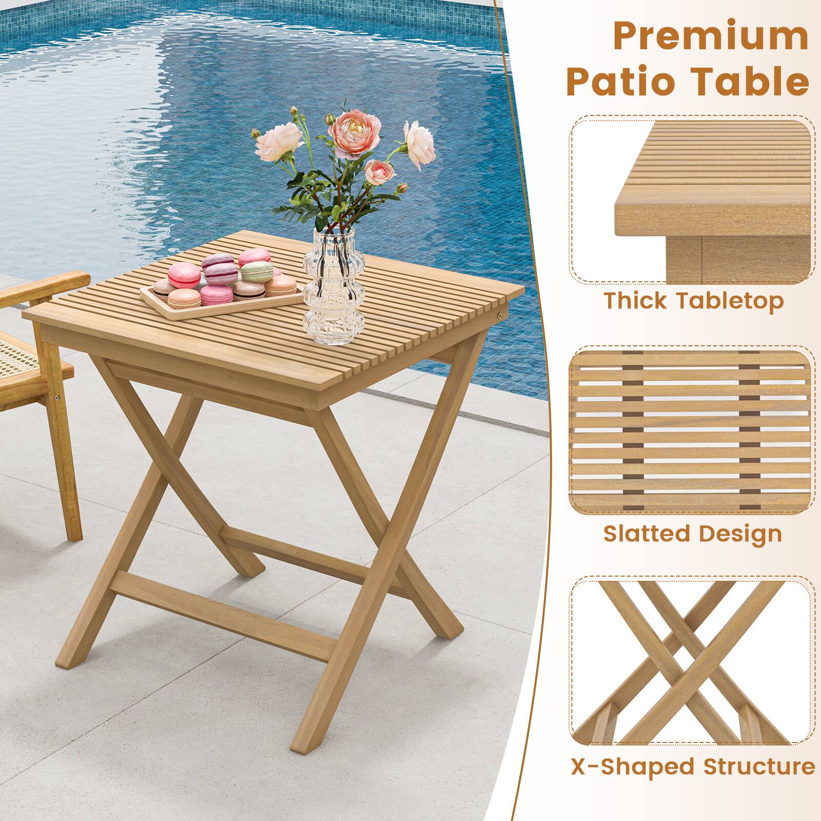 Premium Patio Table

- Thick Tabletop
- Slatted Design
- X-Shaped Structure