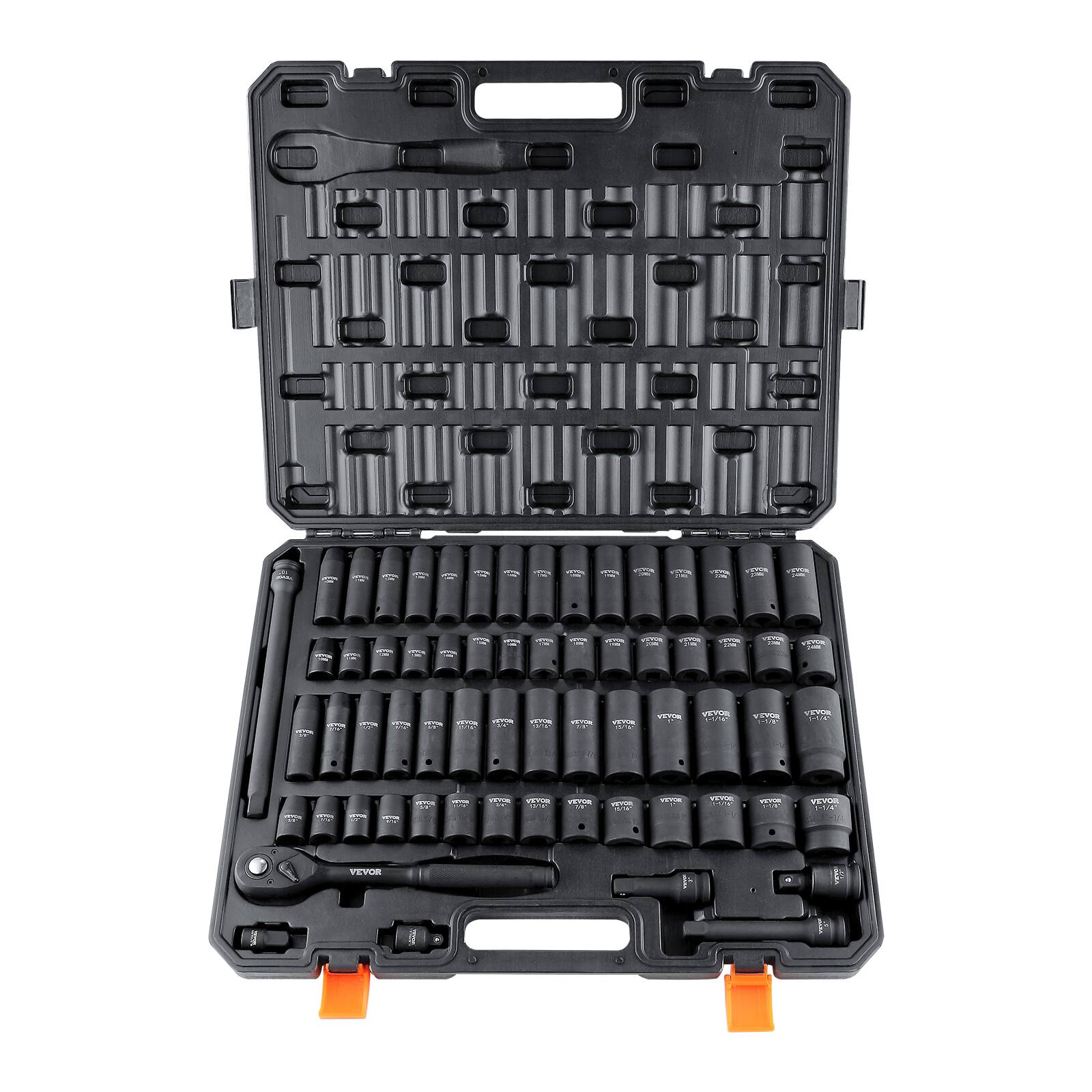 VEVOR - 1/2" Drive Impact Socket Set, 65 Piece Socket Set SAE 3/8" to 1-1/4" and Metric 10-24mm, 6 Point Cr-V Alloy Steel - Black