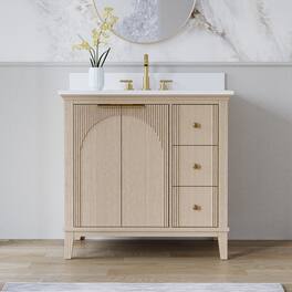 WELLFOR - 36 in Modern Solid Wood Bathroom Vanity with Sink, Bathroom Cabinet with Soft-Close 2 Doors& 3 Drawers - Oak