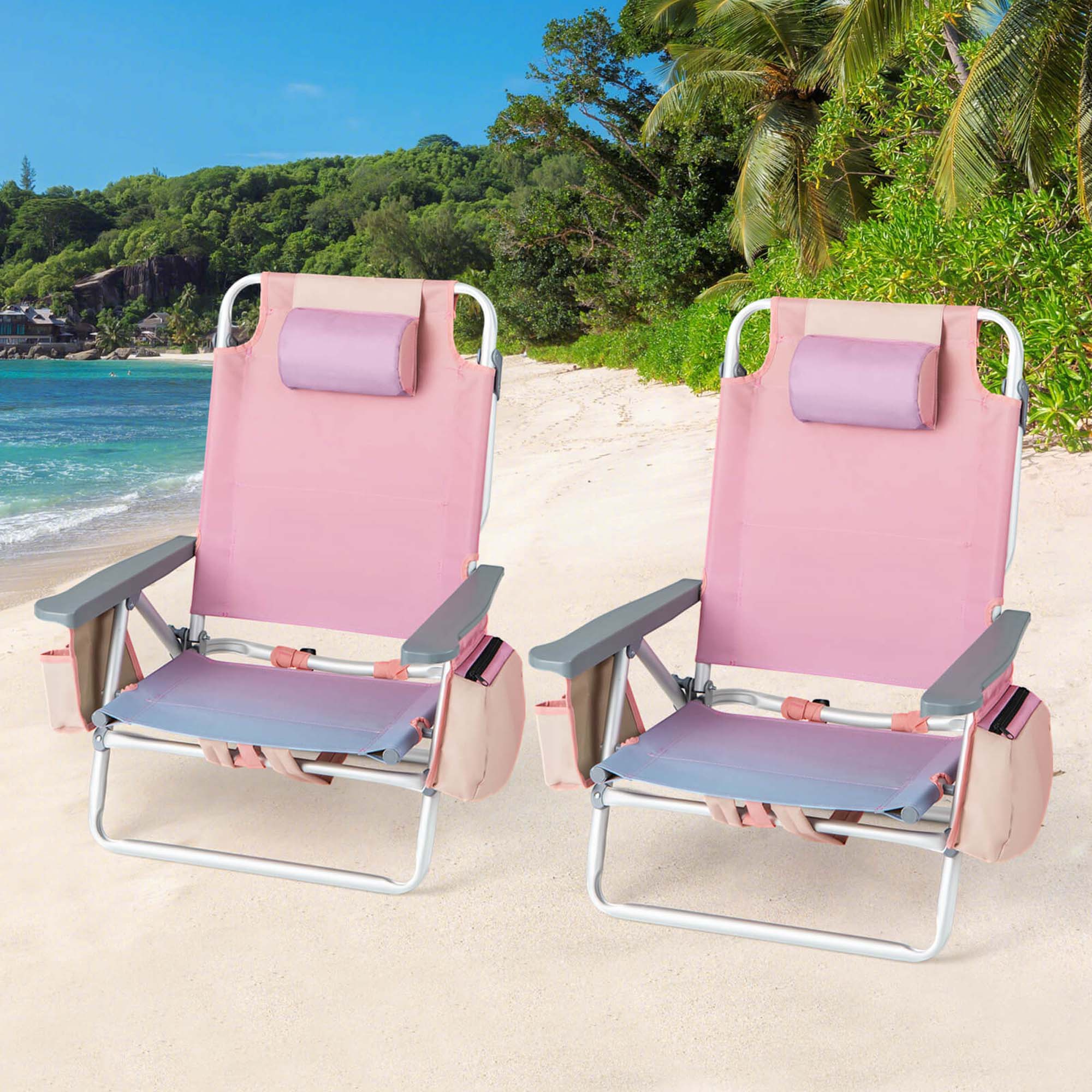 Alt View 1. Costway - Costway 2-Pack Folding Backpack Beach Chair 5-Position Outdoor Reclining Chairs with Pillow - Pink.