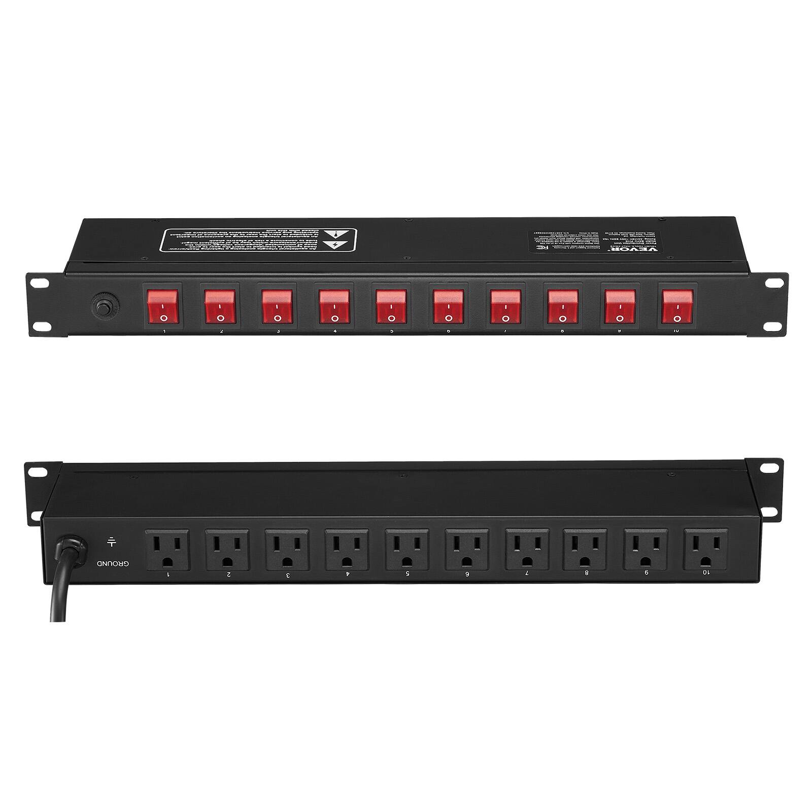 VEVOR - 1U PDU, 10 Outlets, Rack Mount Power Strip Fits Standard 19" Server Racks, with Independent Switch Surge Protection - Black