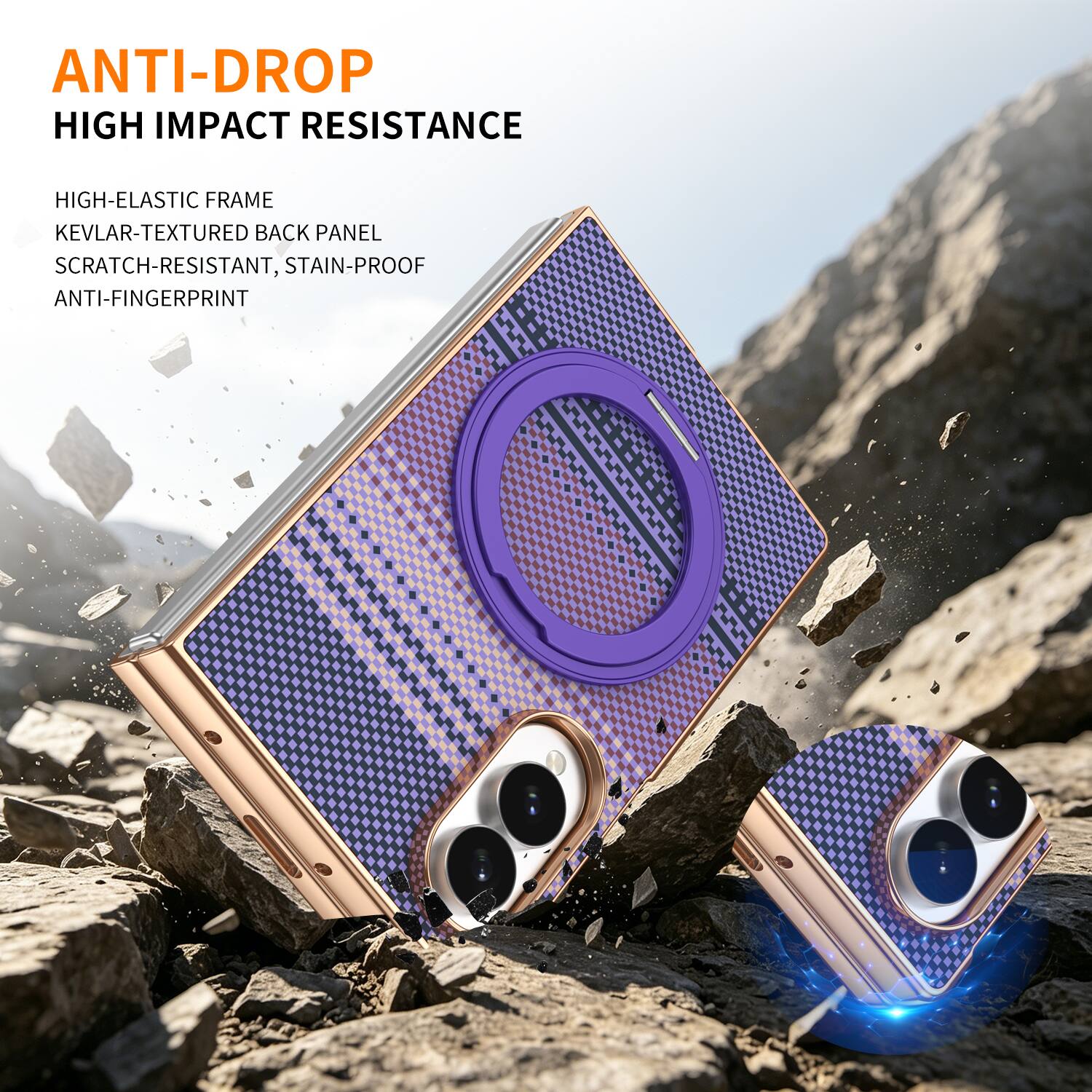 ANTI-DROP  
HIGH IMPACT RESISTANCE  

HIGH-ELASTIC FRAME  
KEVLAR-TEXTURED BACK PANEL  
SCRATCH-RESISTANT, STAIN-PROOF  
ANTI-FINGERPRINT