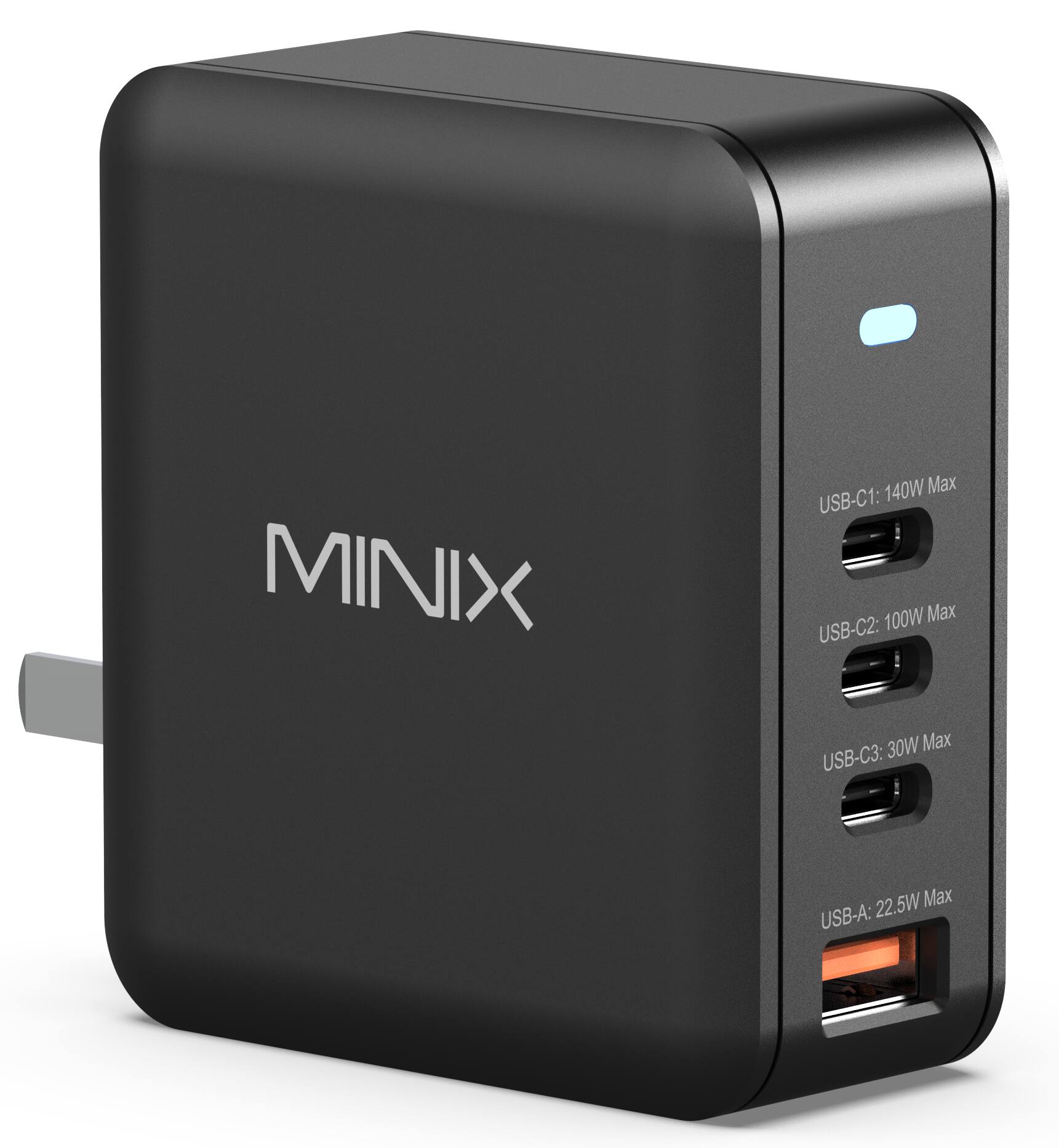 MINIX 140W Max USB-C1: 100W Max USB-C2: 30W Max USB-C3: 22.5W Max USB-A: