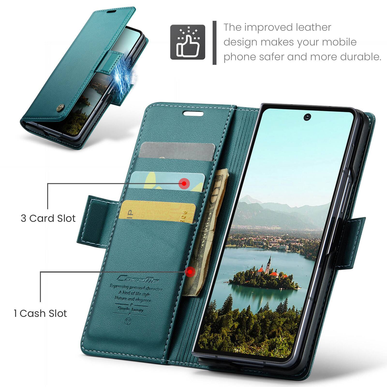 The improved leather design makes your mobile phone safer and more durable. 3 Card Slot P 3 1 Cash Slot CospTe Expressinn prraai c drncter A hind of lle Sestyl Nti_turd Hegonce A Smole Enctury A E