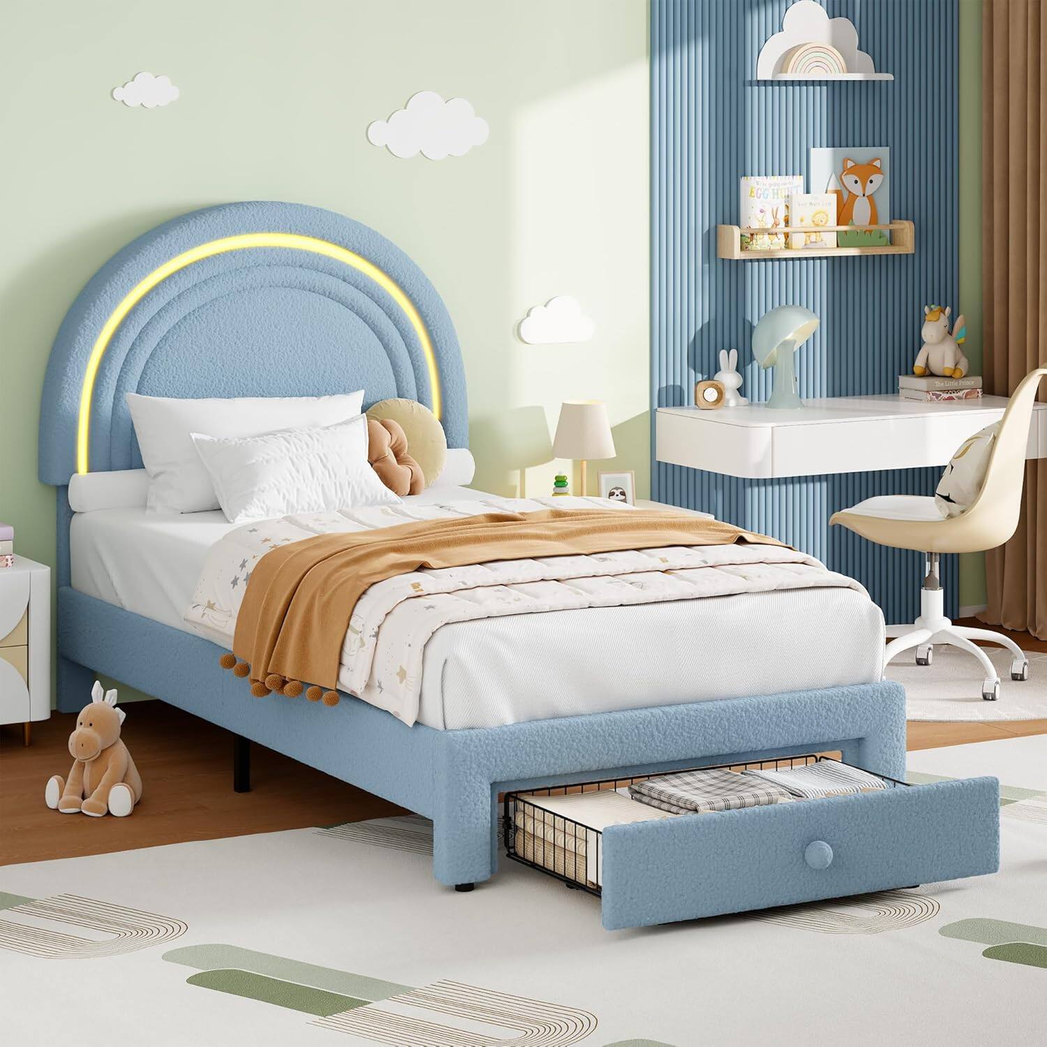 Front. GARVEE - Twin LED Upholstered Bed Frame with Rainbow Headboard and Storage Drawer, Princess Platform Bed for Kids, Blue - Blue.