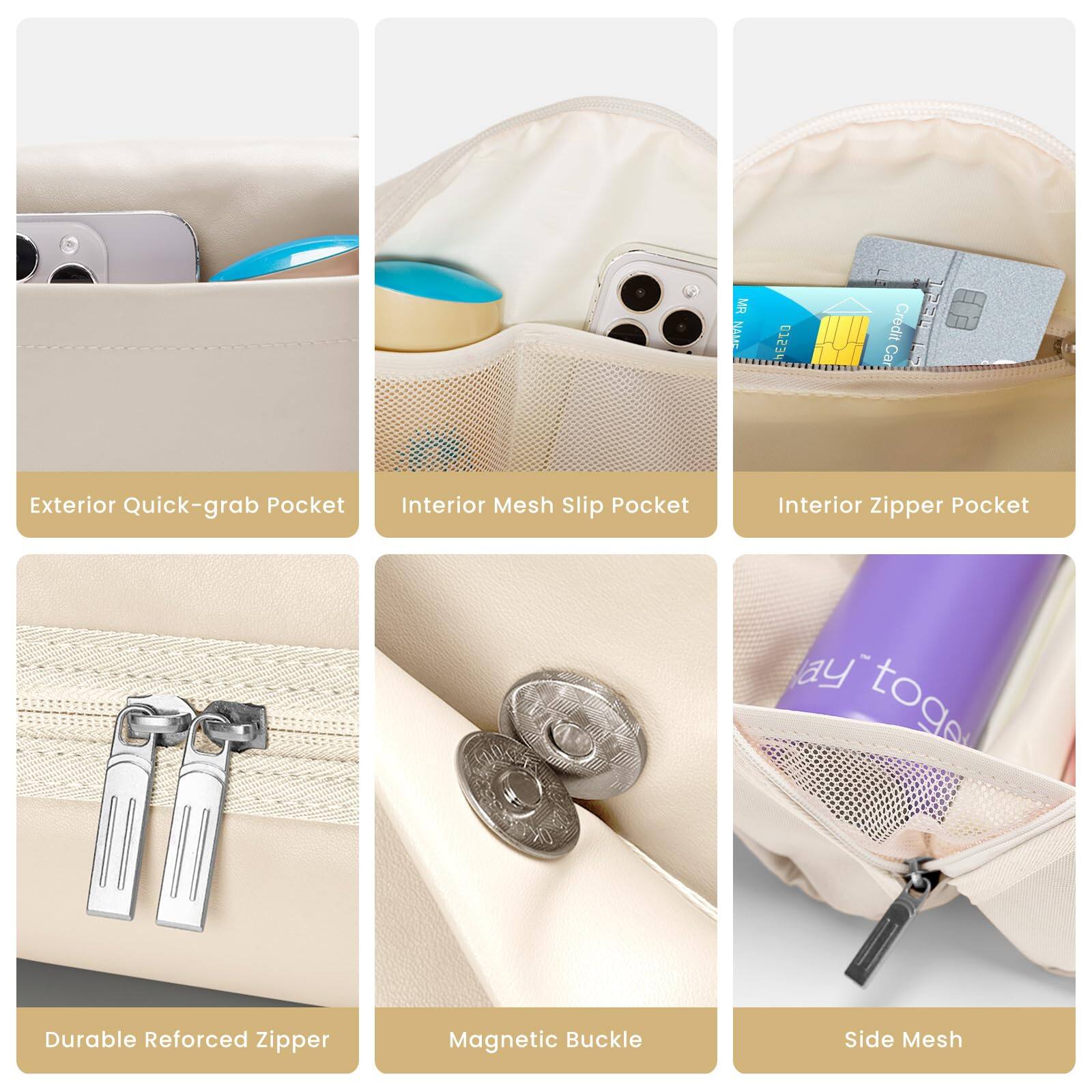 Sure, here is the corrected and grouped text from the image:

---

**Exterior Features:**
- Exterior Quick-grab Pocket

**Interior Features:**
- Interior Mesh Slip Pocket
- Interior Zipper Pocket

**Additional Features:**
- Durable Reinforced Zipper
- Magnetic Buckle
- Side Mesh

---