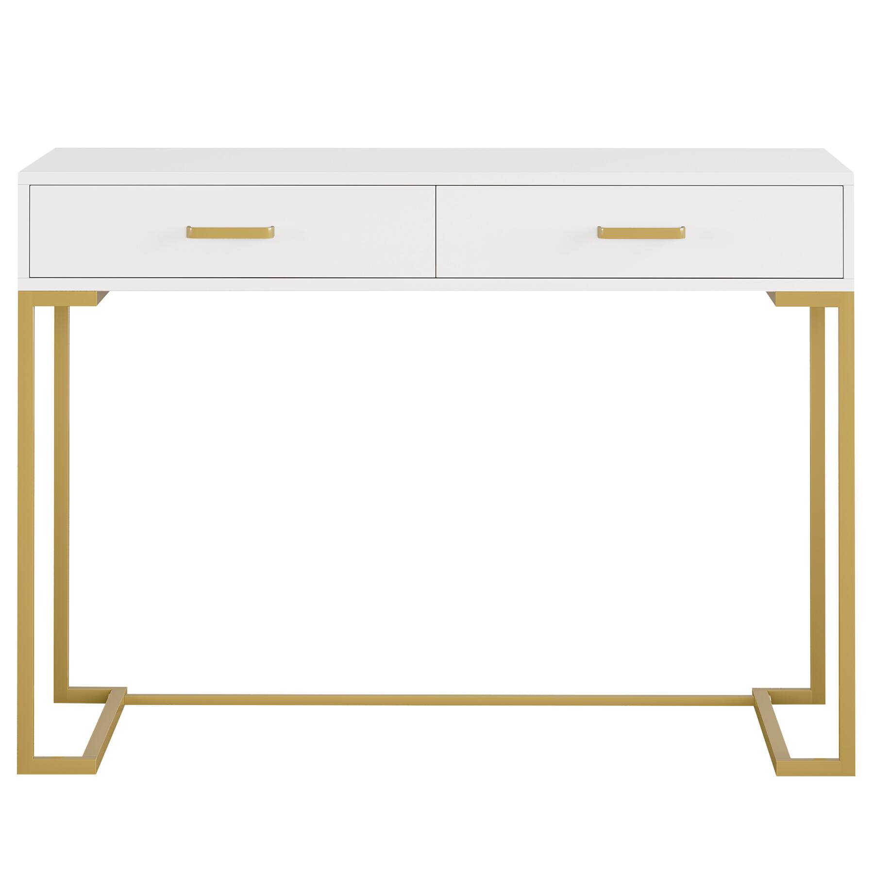 Back. APRILSOUL - 40in White and Gold Computer Desk with 2 Drawers Modern Office Desk Compact Writing Table Metal Frame Minimalist Style - White+Gold.