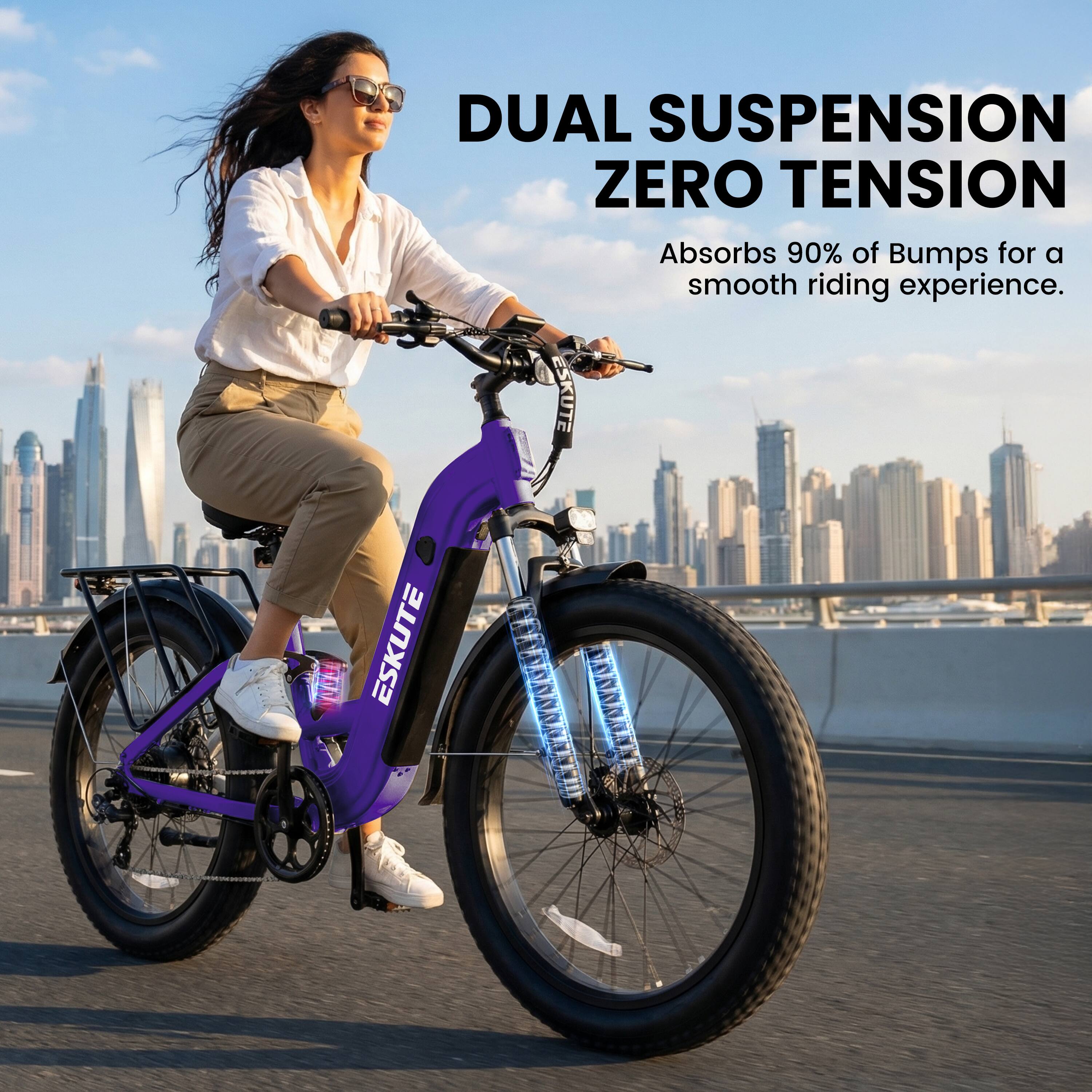 DUAL SUSPENSION ZERO TENSION  
Absorbs 90% of Bumps for a smooth riding experience.  
ESKUTE
