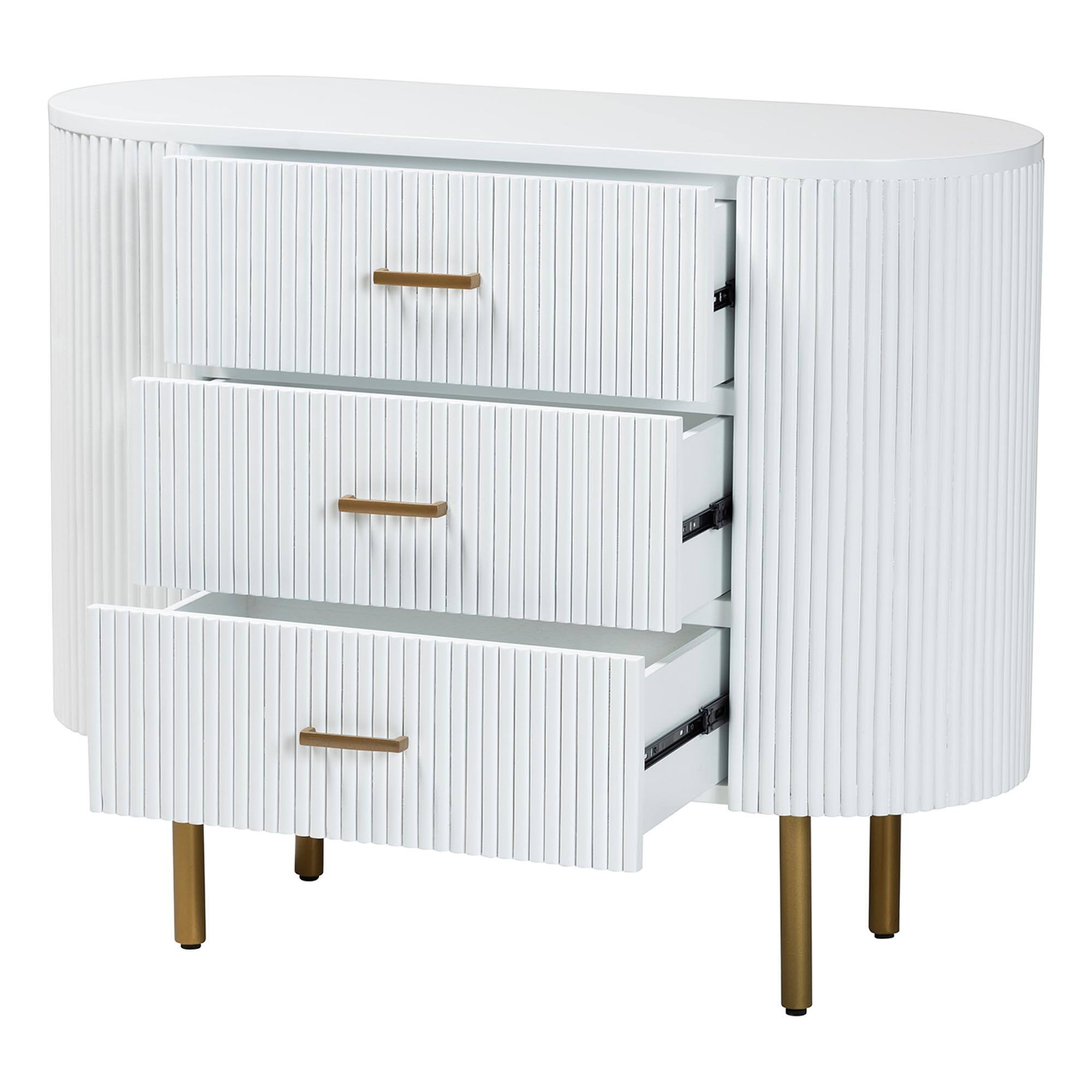 Angle. bali & pari - Beyla Mid-Century Fluted Wood and Gold Metal 3-Drawer Dresser - White/Gold.