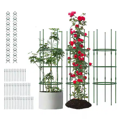 Front. Gymax - Gymax 3-Pack Garden Tomato Trellis 60'' Plant Support Cage w/ Adjustable Size for Plants - Green.
